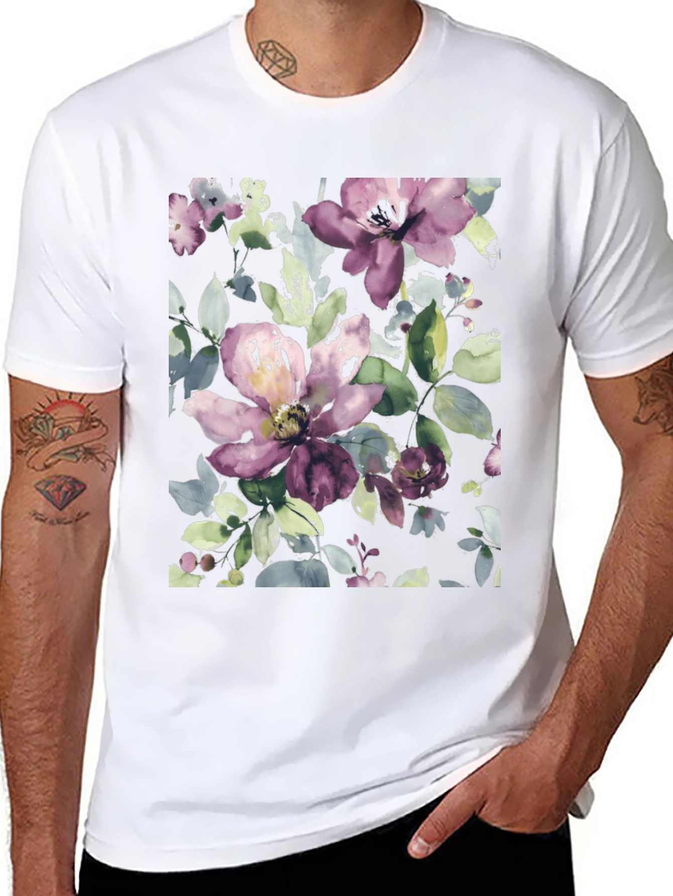 Black Floral Watercolor Print Black T-Shirt view 8