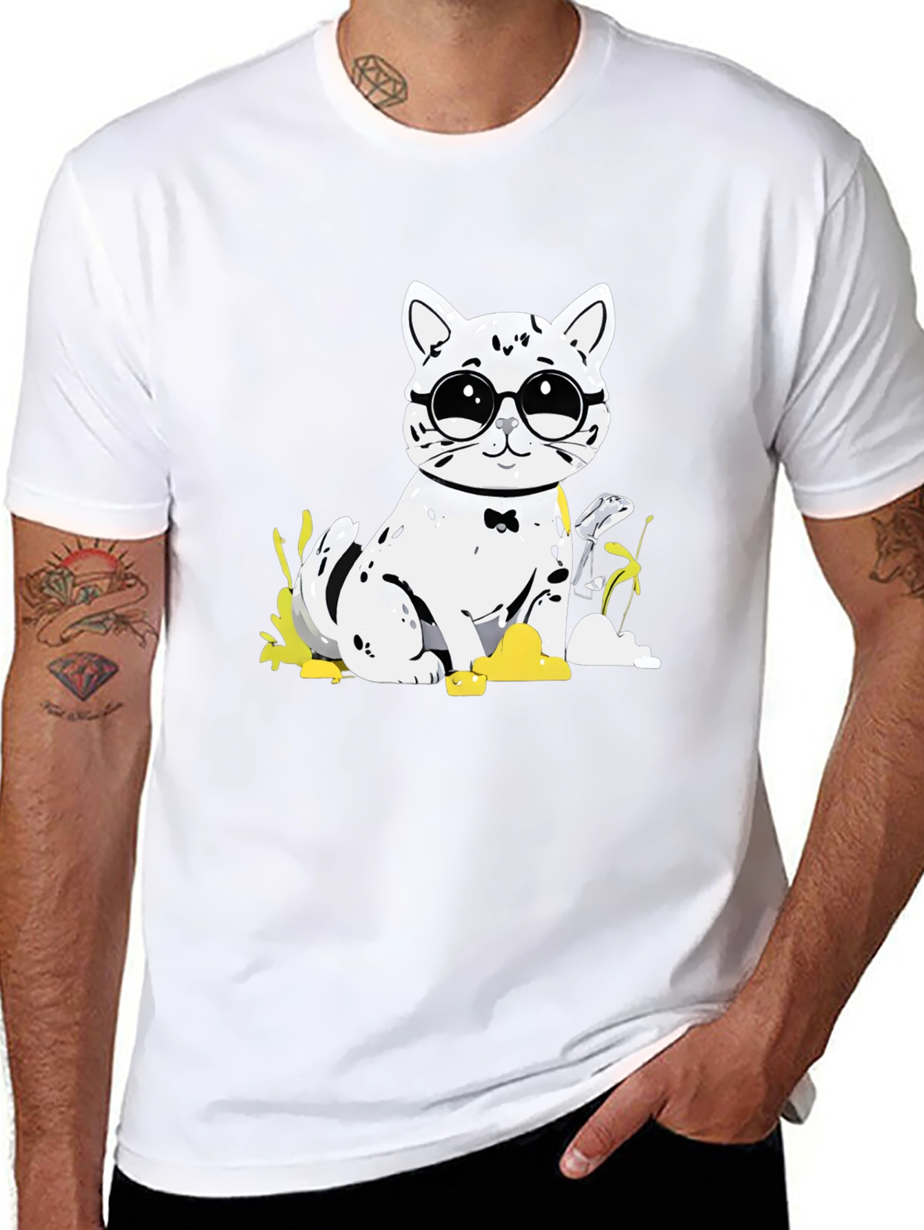 Black Cat with Glasses T-Shirt - Black Cotton Tee view 8