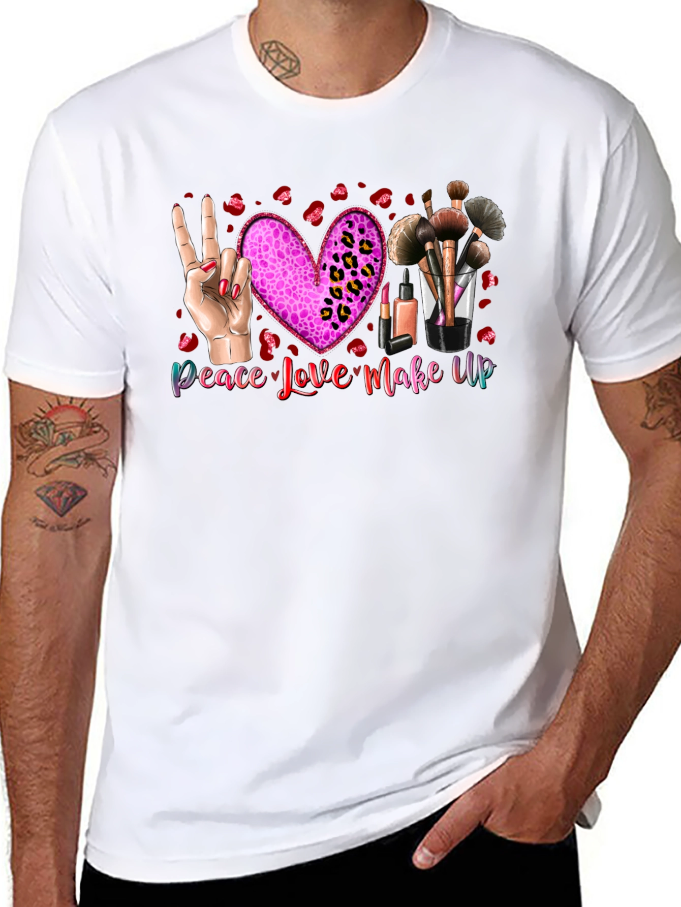 Black Peace Love Makeup T-Shirt, Beauty Graphic Tee view 8