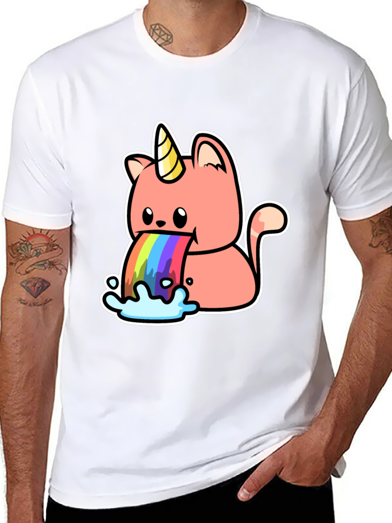 Black Unicorn Cat Rainbow Puke Graphic Tee view 8