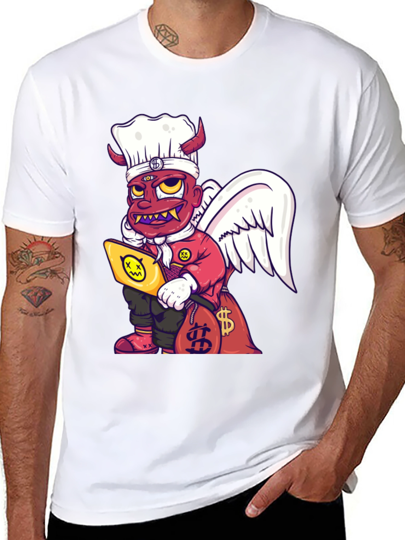 Cartoon Angel & Devil Chef Graphic T-Shirt - 8