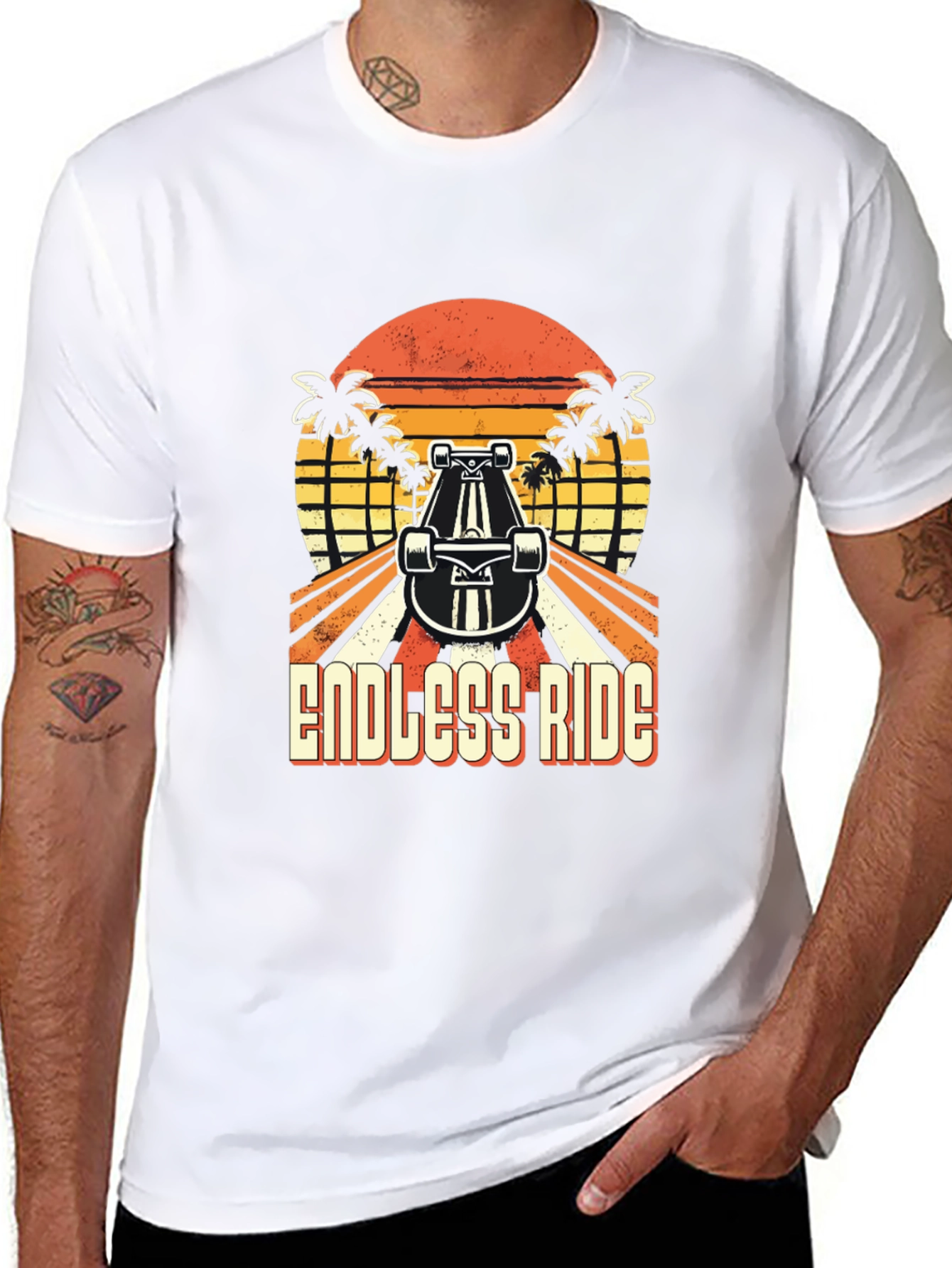 Black Endless Ride Skateboard T-Shirt Retro Sunset Palm Tree view 8