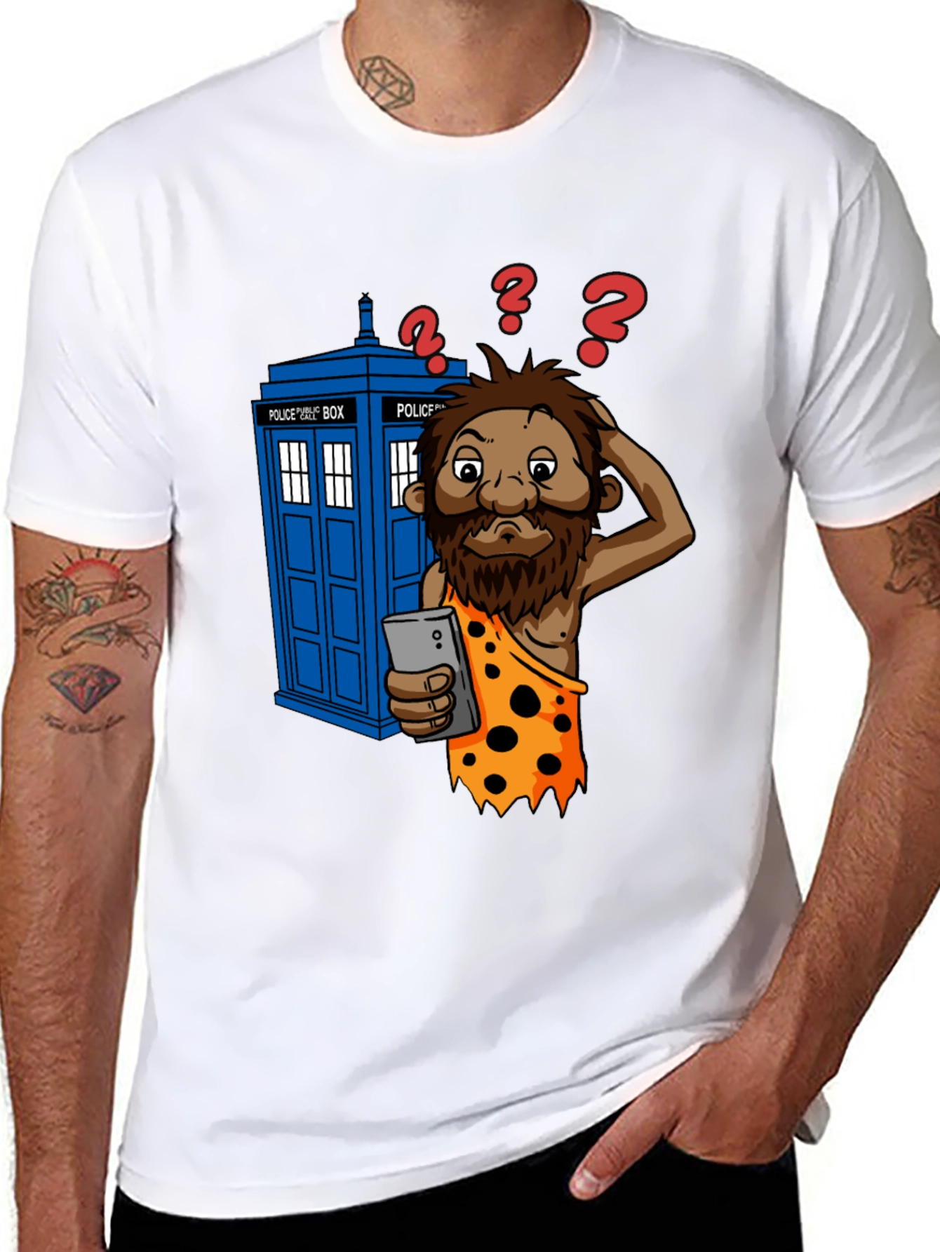 Black Time Traveler T-Shirt - Confused Caveman & Phone view 8