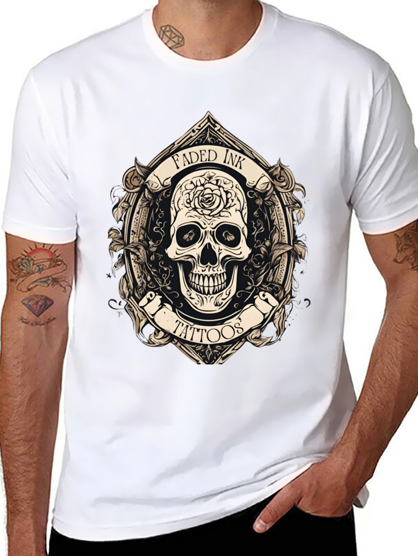Black Faded Ink Tattoos Skull Graphic Black T-Shirt view 8