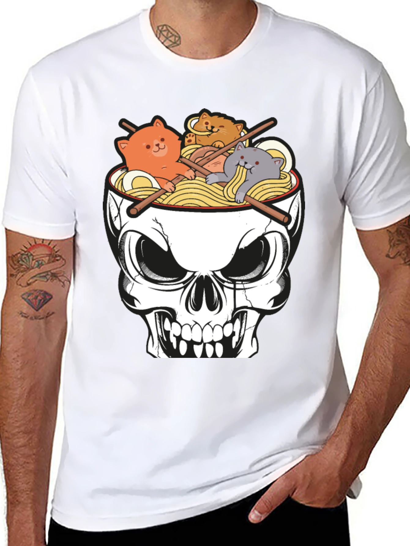 Black Skull Ramen Cat T-Shirt view 8