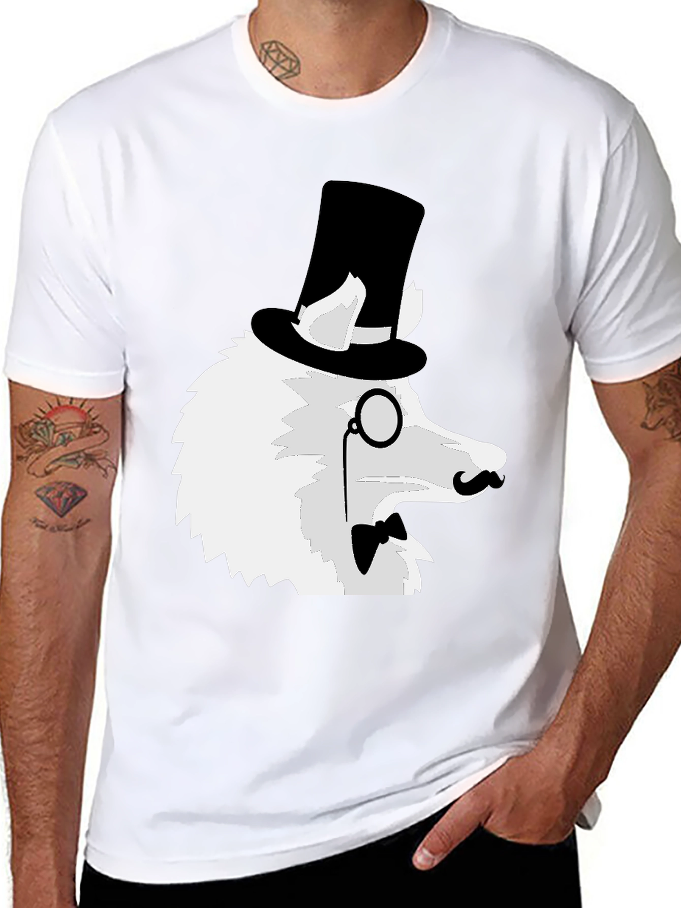 Black Dapper Dog T-Shirt: Top Hat Monocle Bow Tie view 8