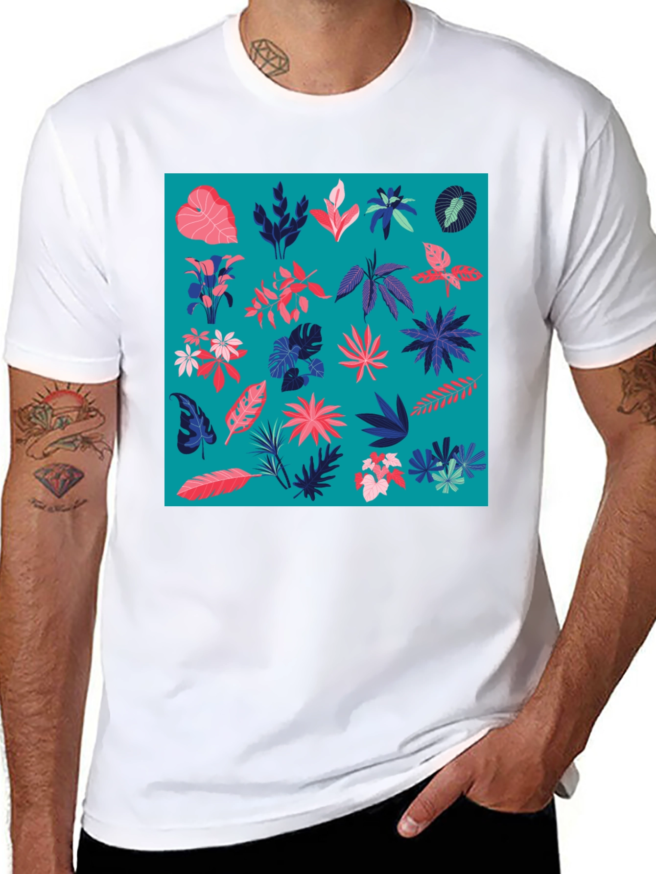 Tropical Plant Pattern Men's Black T-Shirt - 8