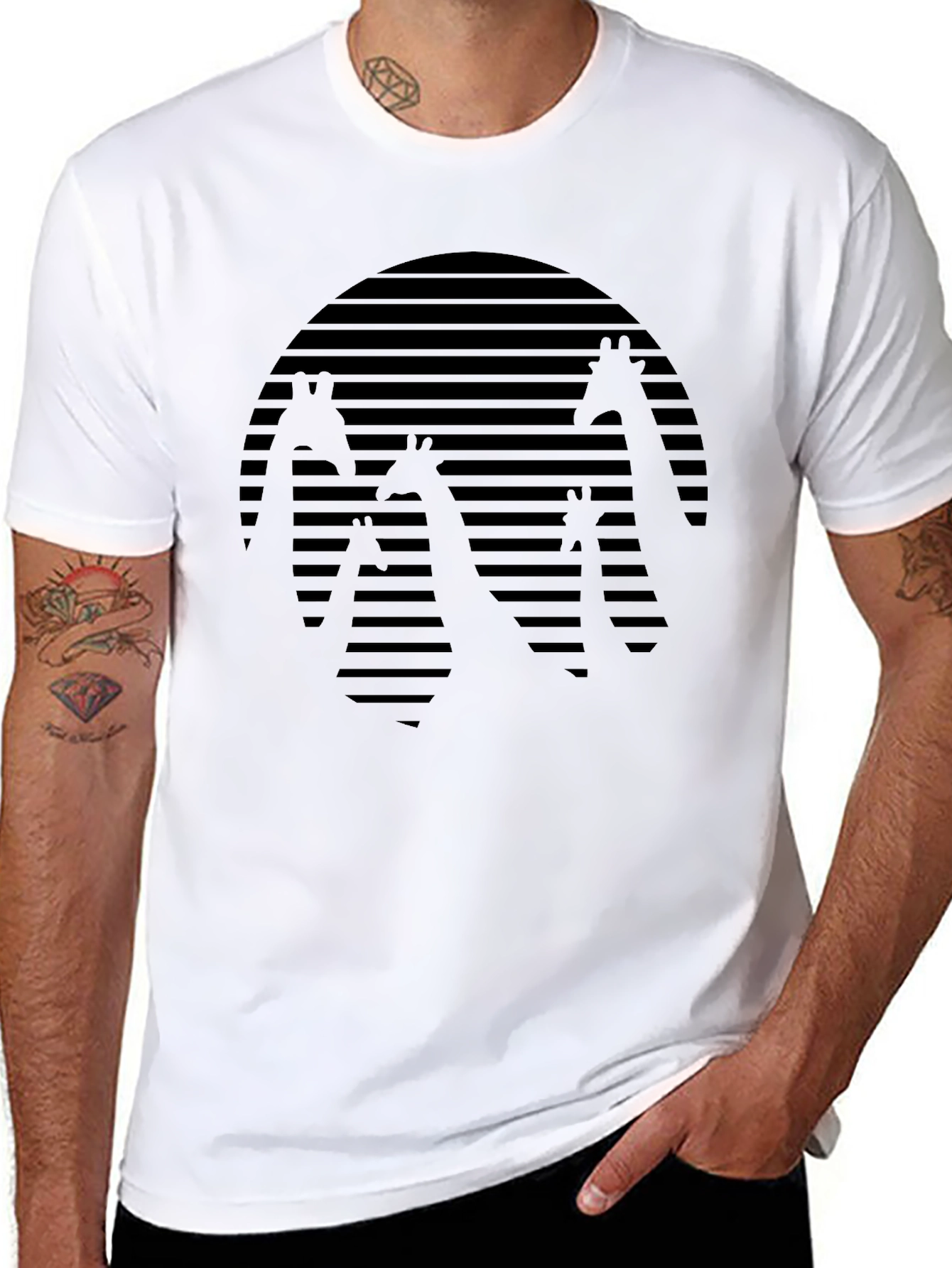 Black Giraffe Silhouette Tee - Striped Sunset Design view 8