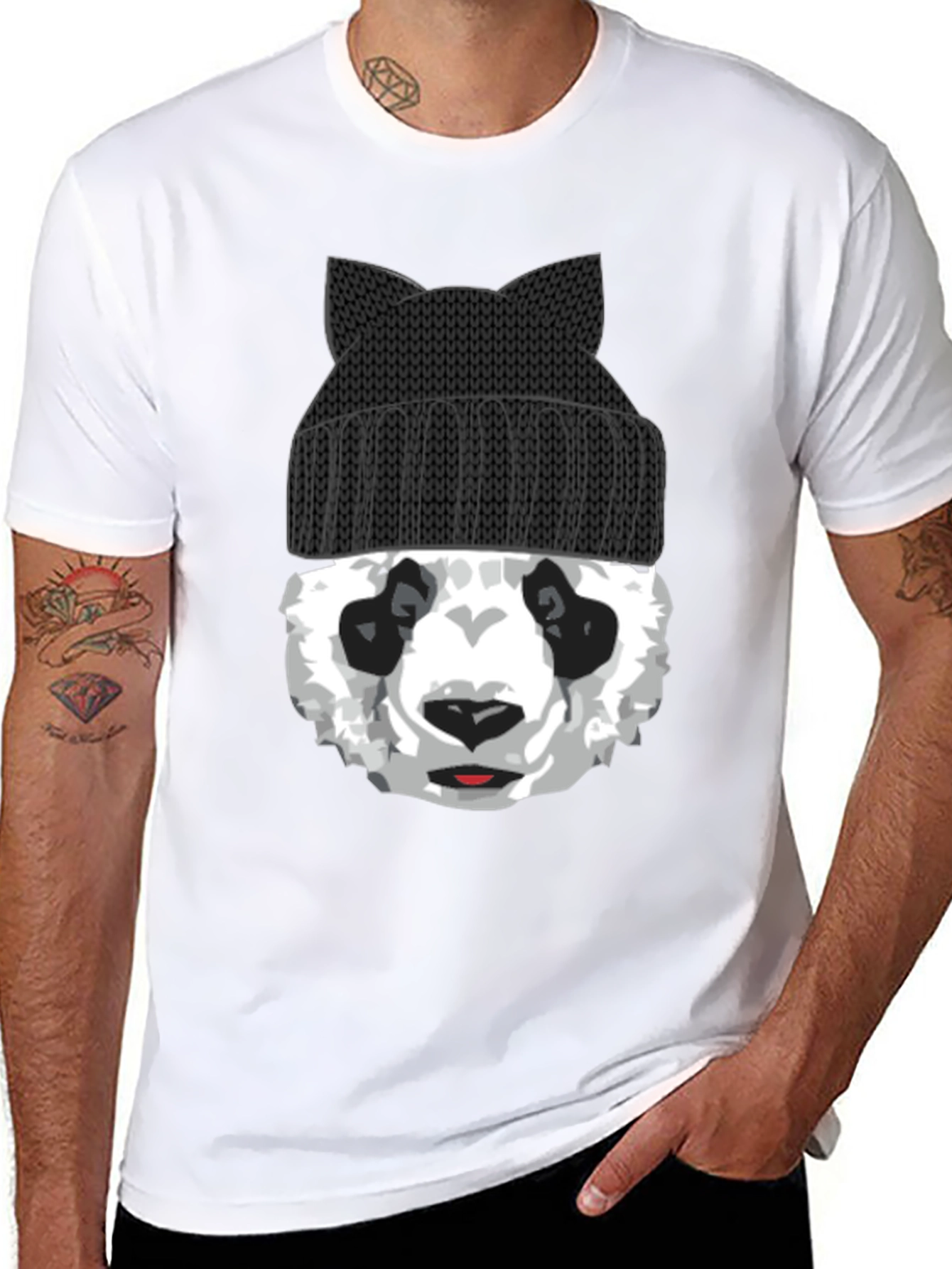 Black Cool Panda Bear with Cat Ear Beanie Graphic Tee view 8