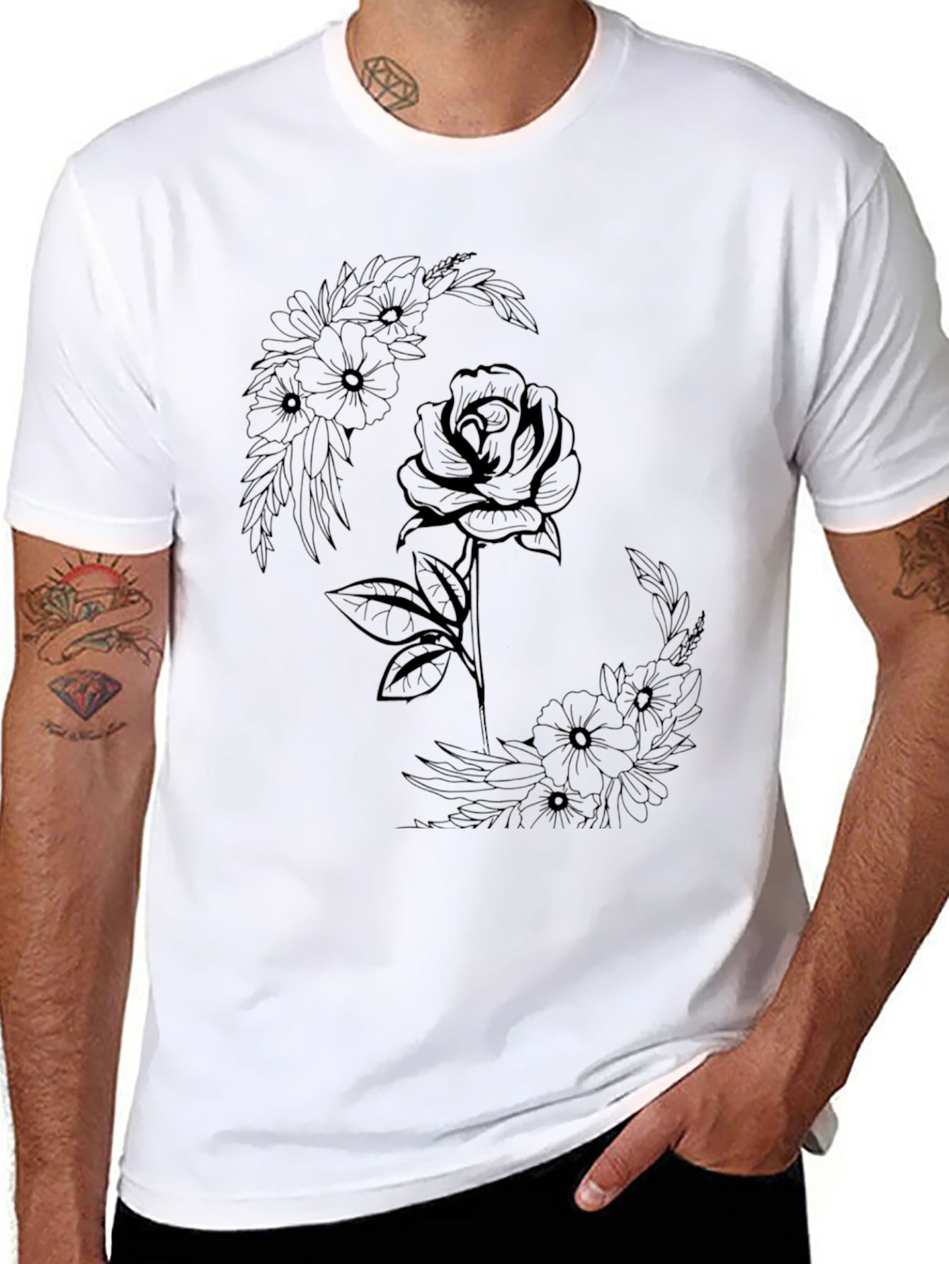 Black Floral Rose Graphic Tee - Modern Black T-Shirt view 8