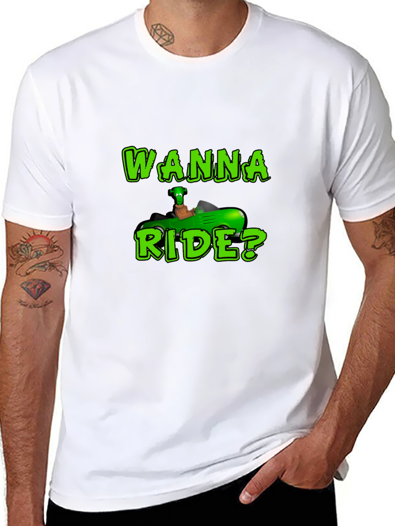 Black Wanna Ride? Green Car Black T-Shirt view 8