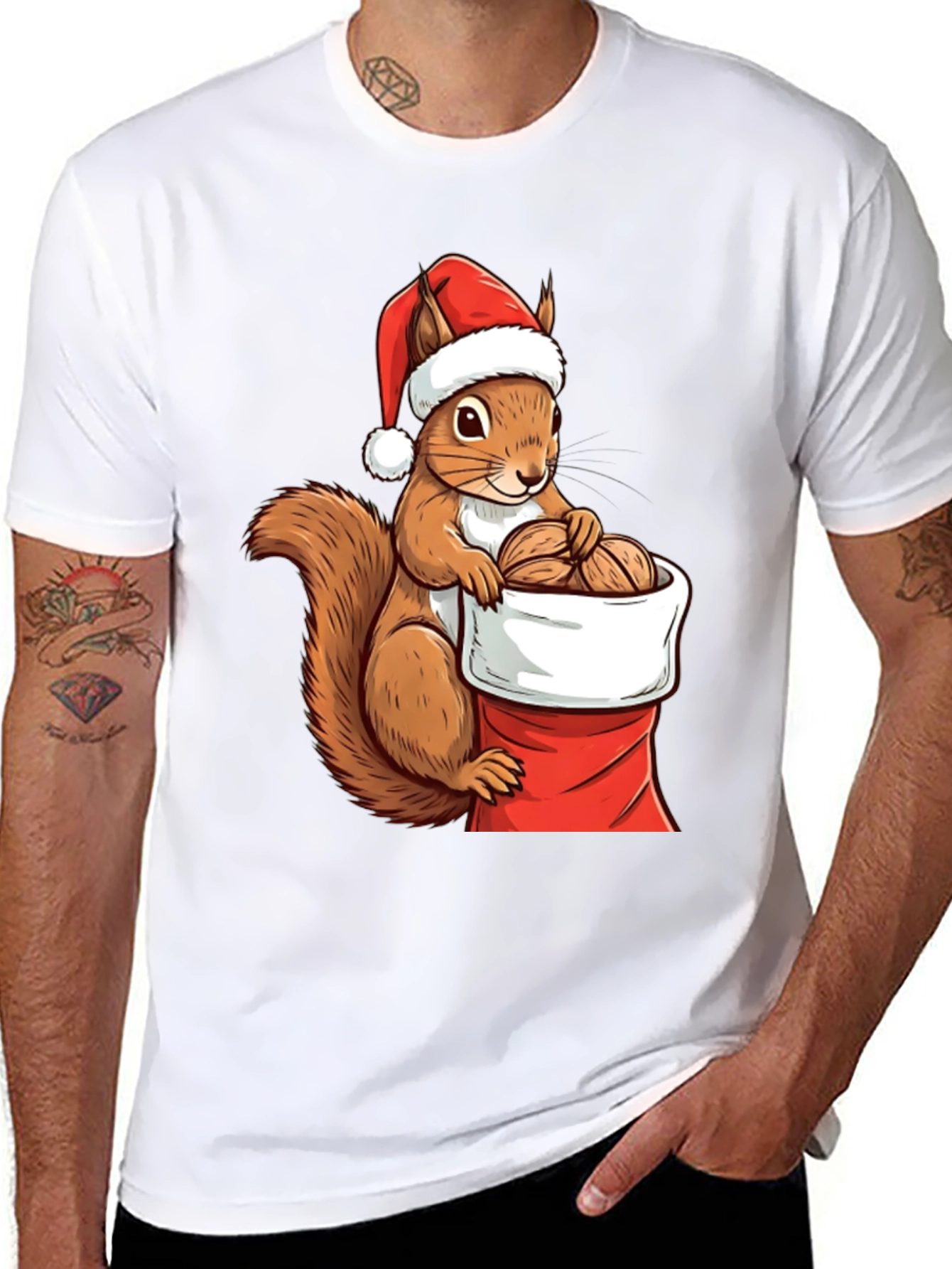 Black Festive Squirrel Santa Hat T-Shirt view 8