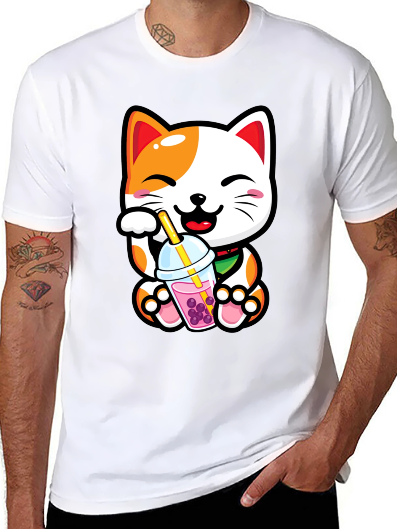 Black Kawaii Cat Boba Tea Graphic Tee view 8