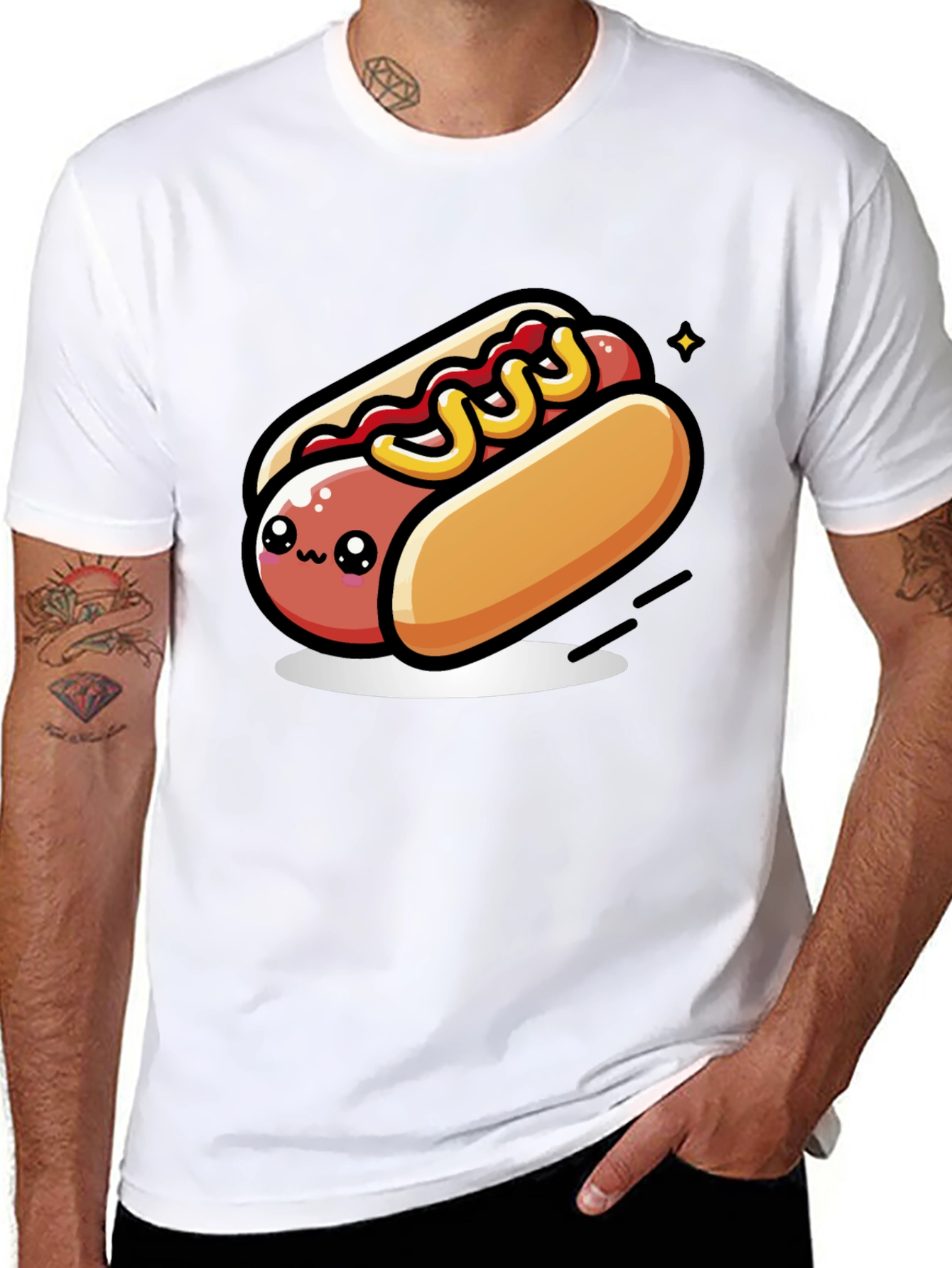 Black Cute Hotdog Cartoon T-Shirt - Black view 8