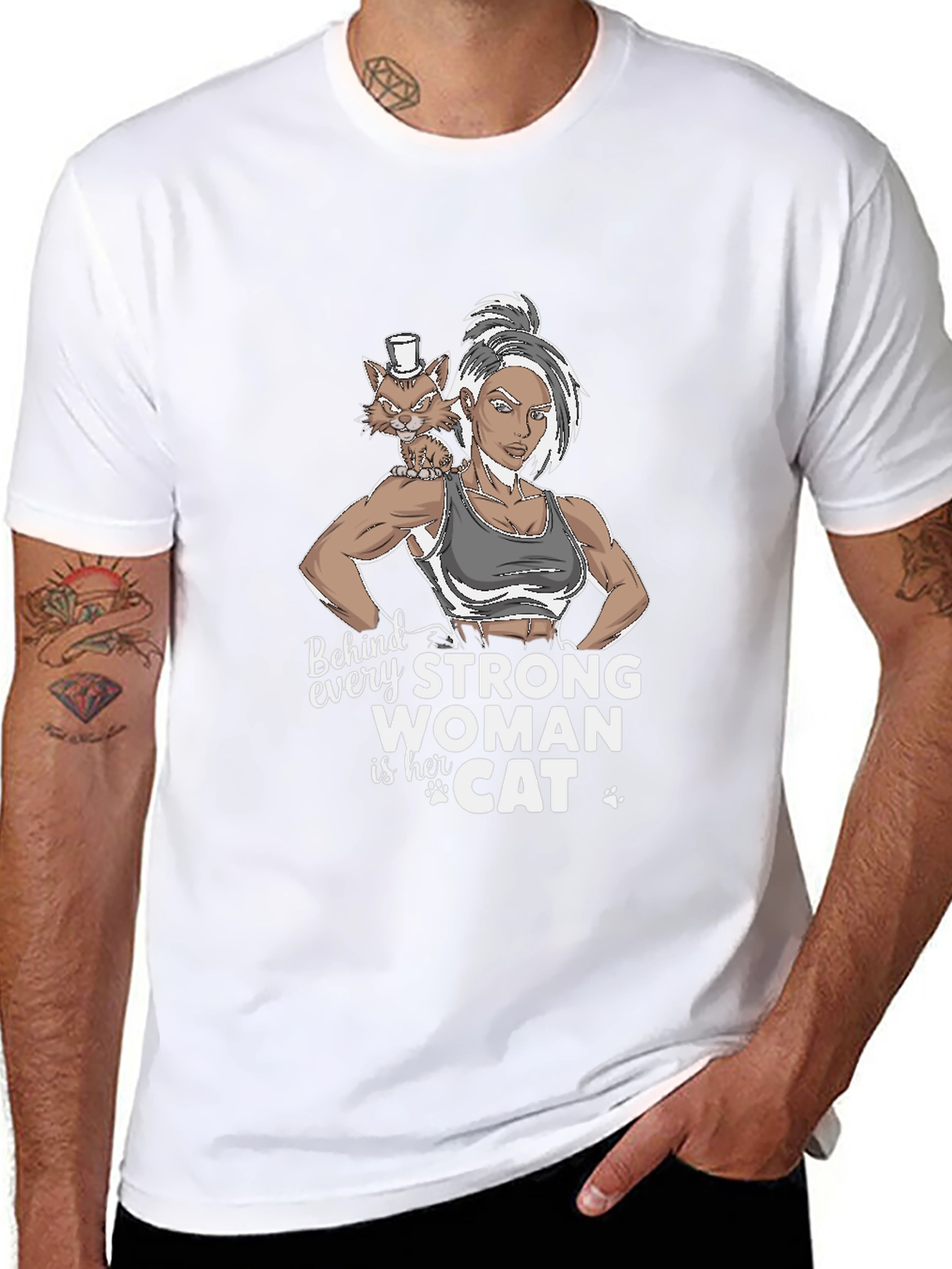 Black Strong Woman & Cat Graphic T-Shirt view 8
