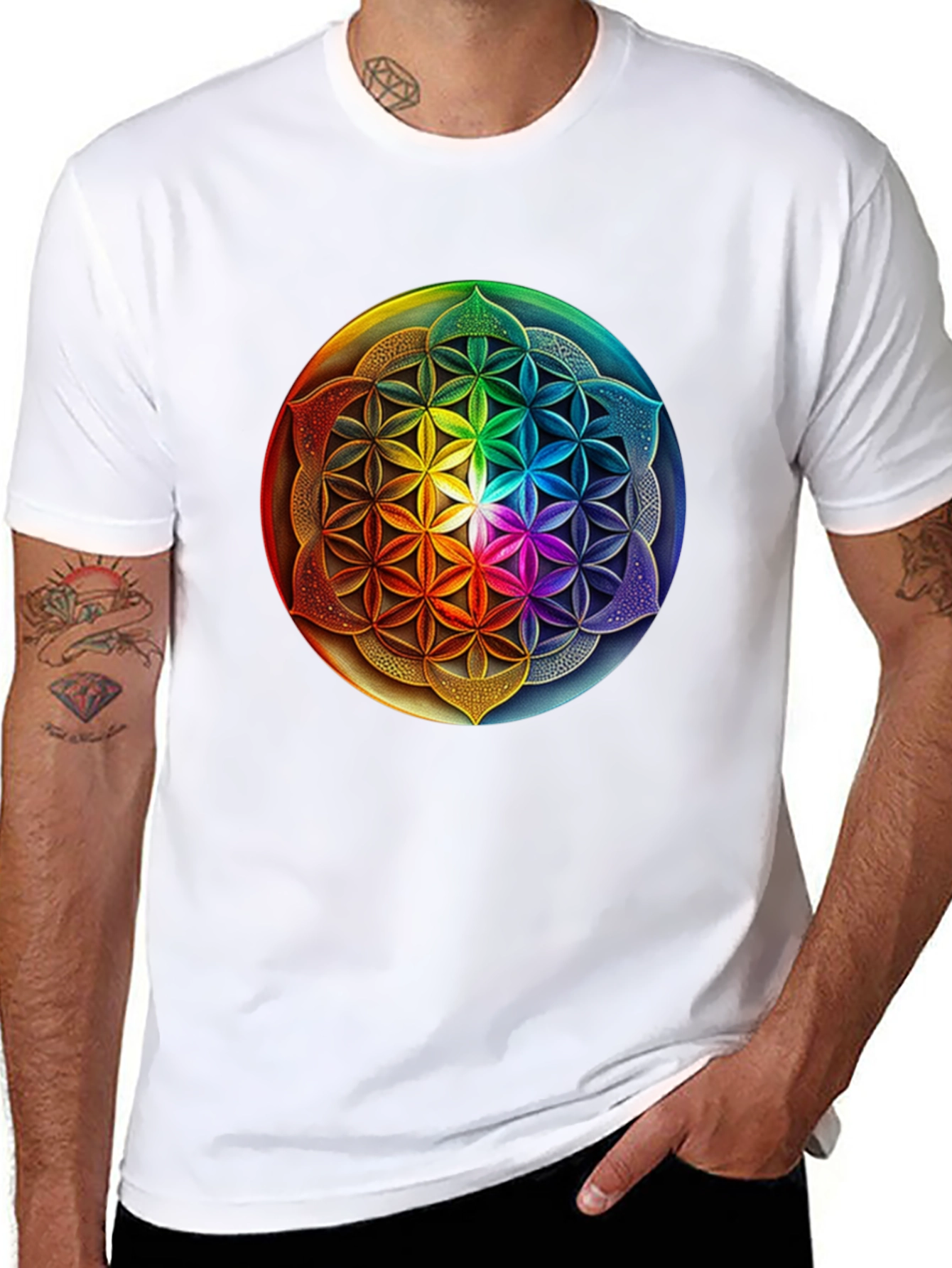 Black Rainbow Flower of Life Graphic Tee view 8