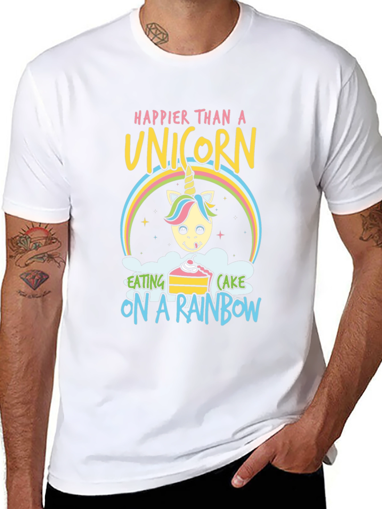 Black Happy Unicorn Rainbow Cake Graphic Tee view 8