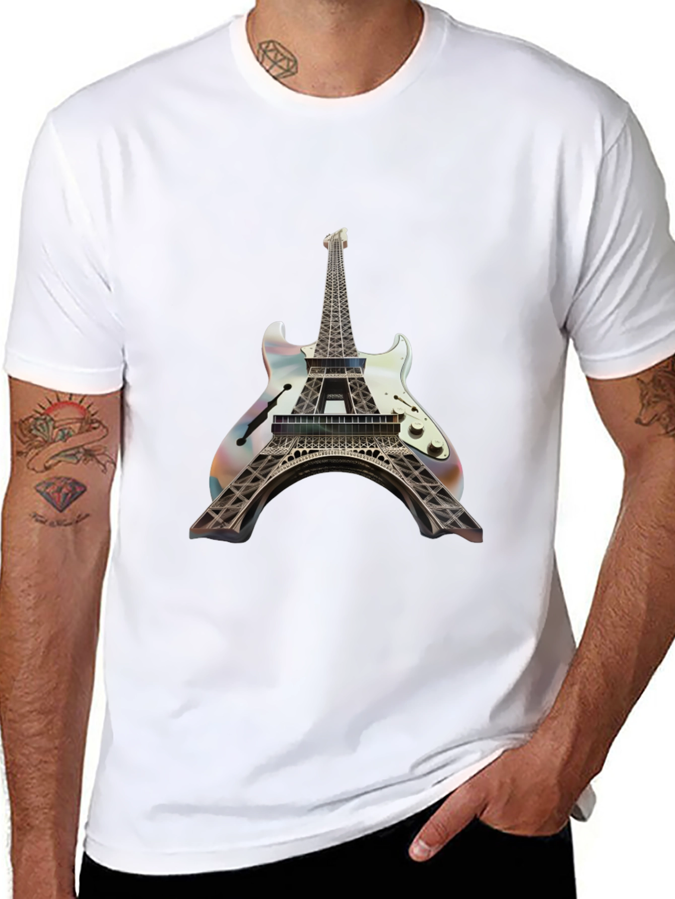Black Eiffel Tower Guitar T-Shirt - Unique Design view 8