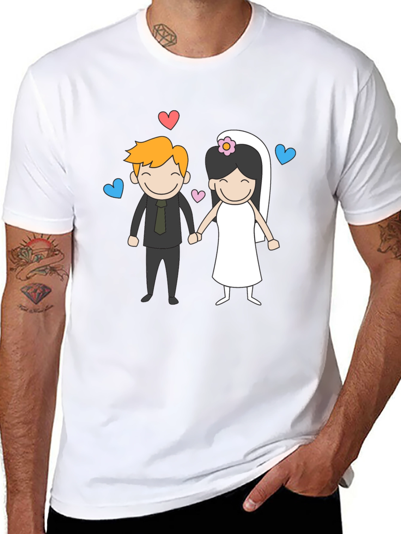 Black Cartoon Wedding Couple Graphic Tee - Black view 8