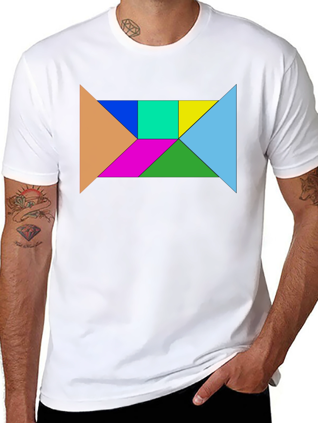 Black Geometric Tangram Puzzle Graphic Tee - Black Cotton Blend view 8