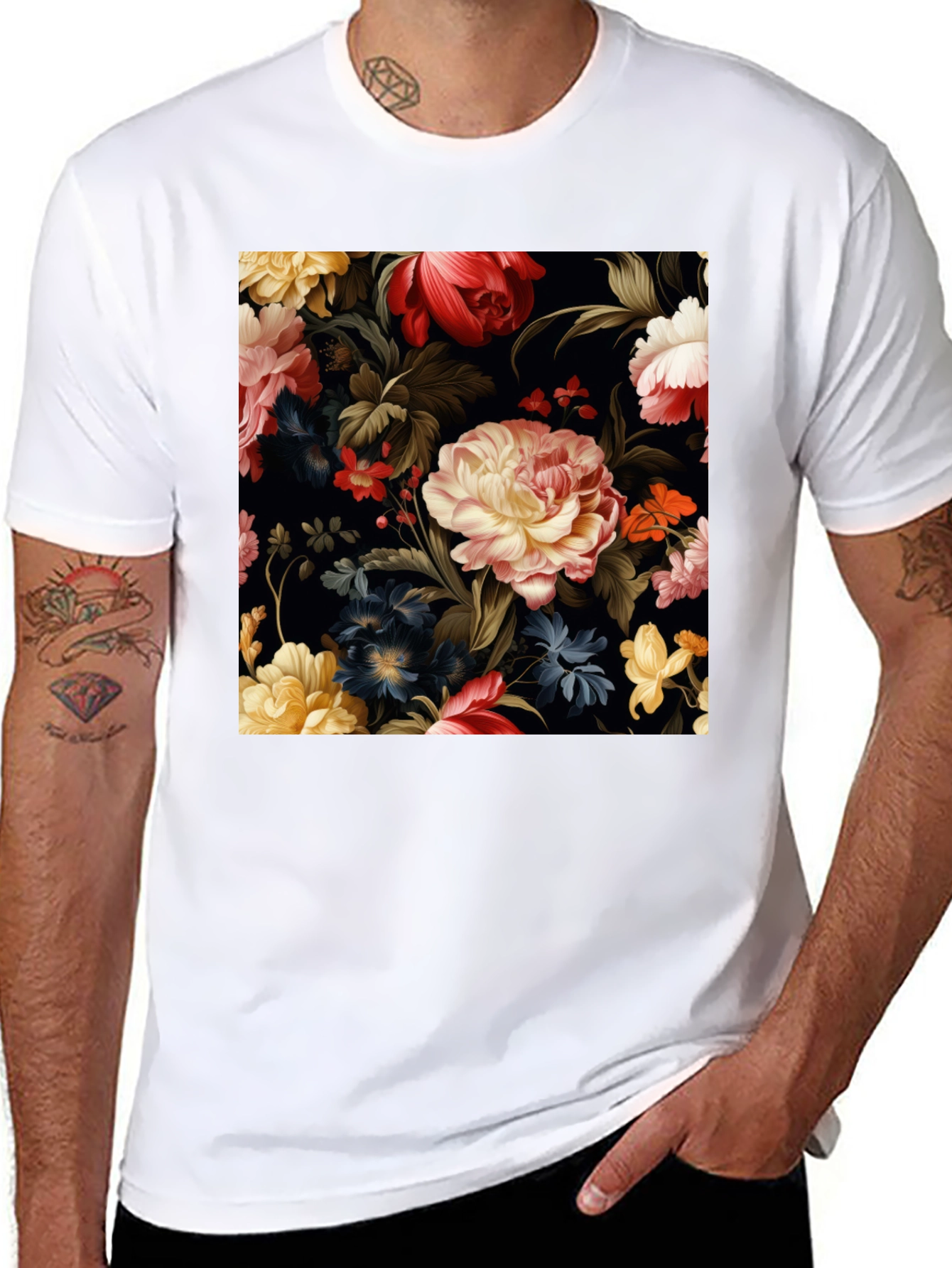 Black Floral Pattern Black T-Shirt view 8