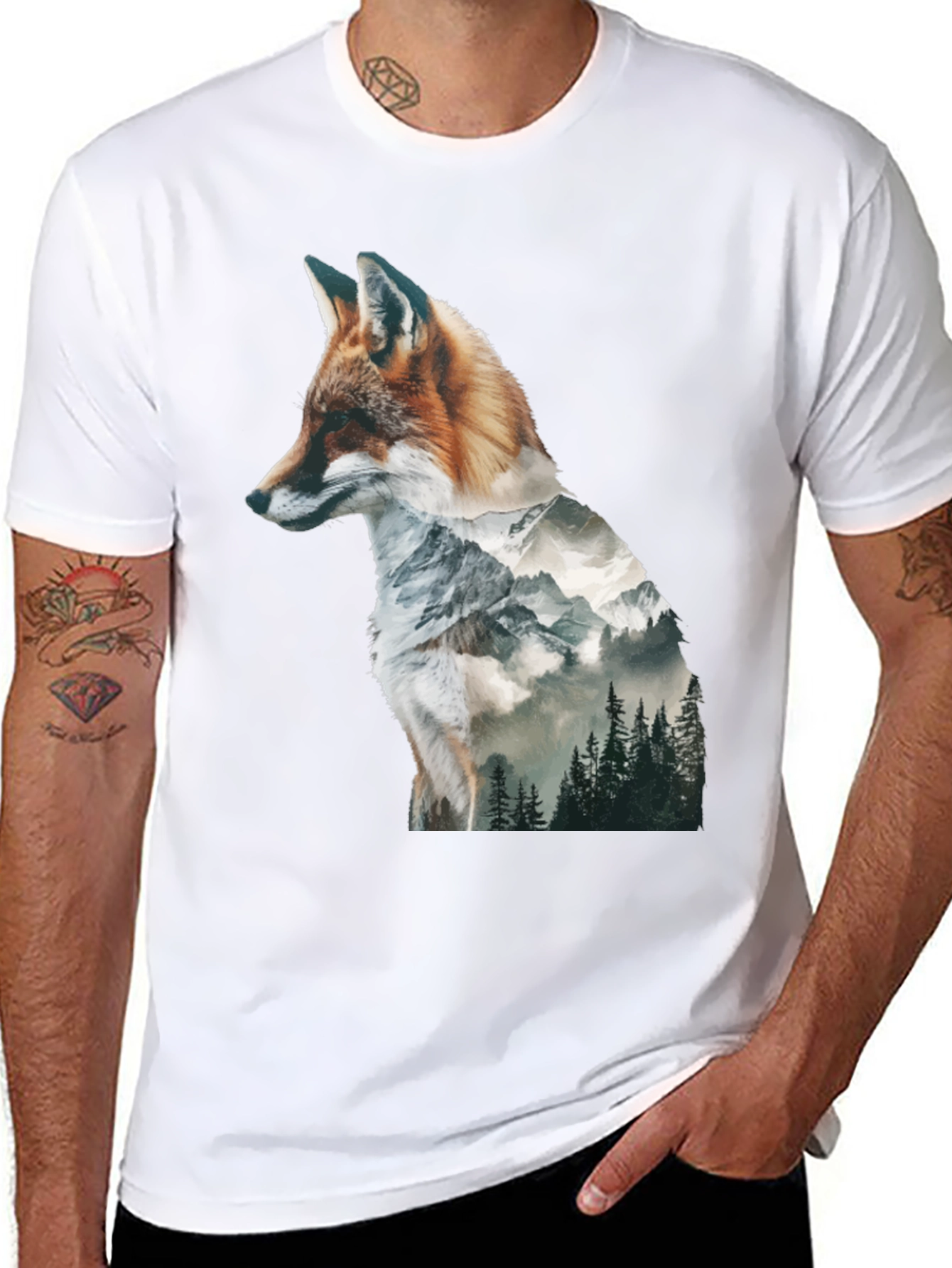 Black Fox & Mountain Graphic Print Black T-Shirt view 8