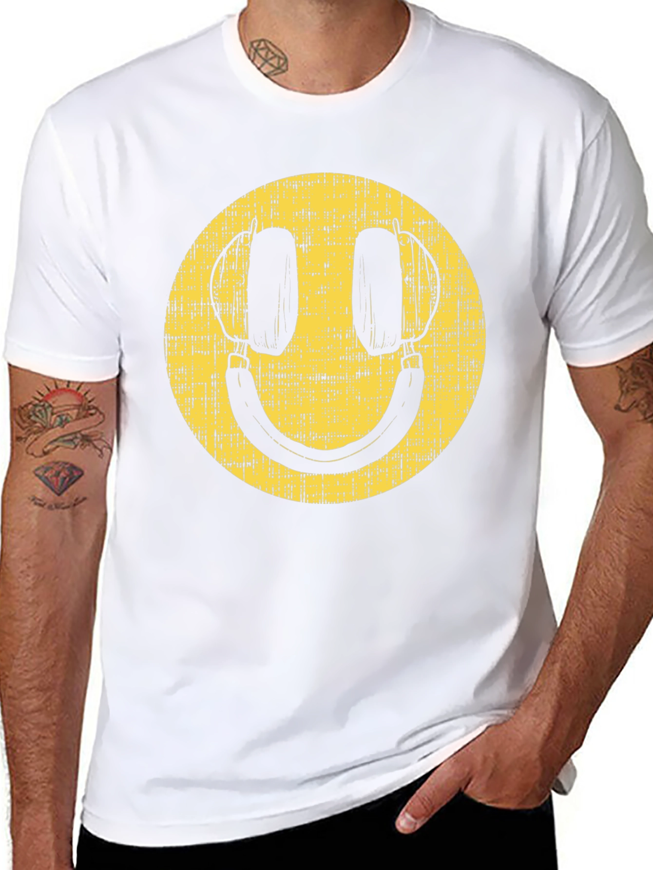 Black Retro Smiley Face Headphones Black T-Shirt view 8