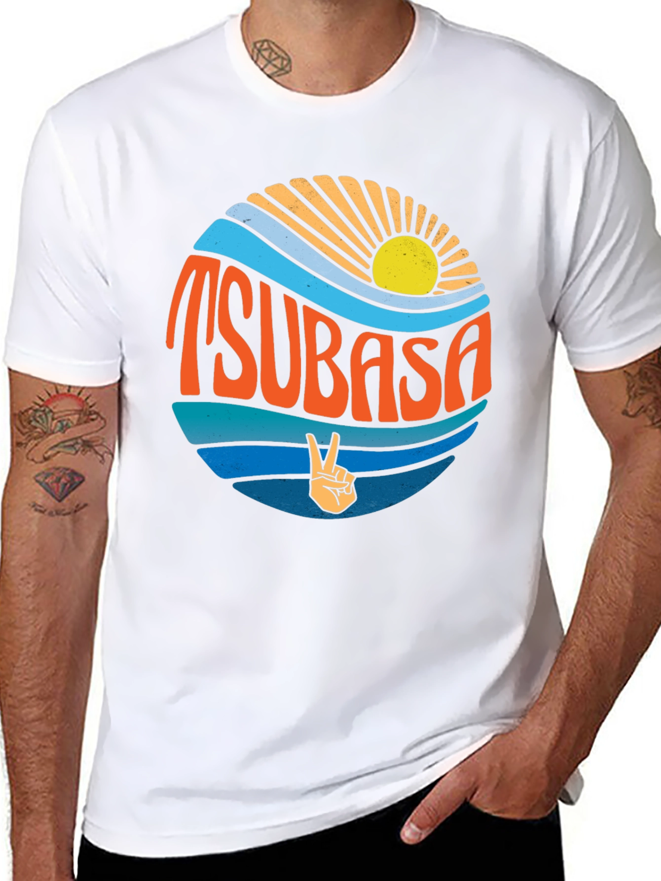 Black Tsubasa Graphic Tee - Retro Sun & Peace Sign T-Shirt view 8