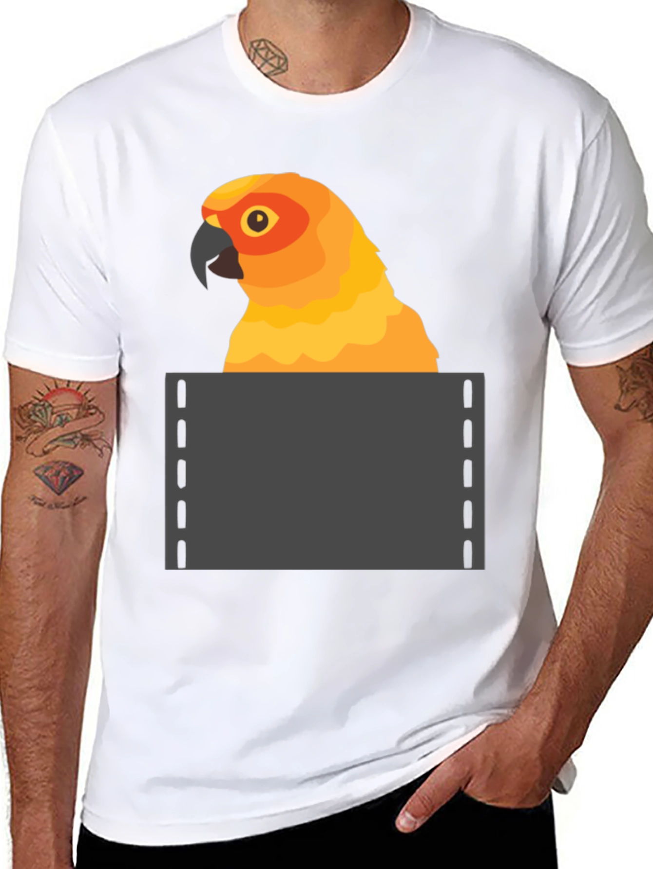 Black Parrot in Pocket Graphic Tee - Fun Animal T-Shirt view 8