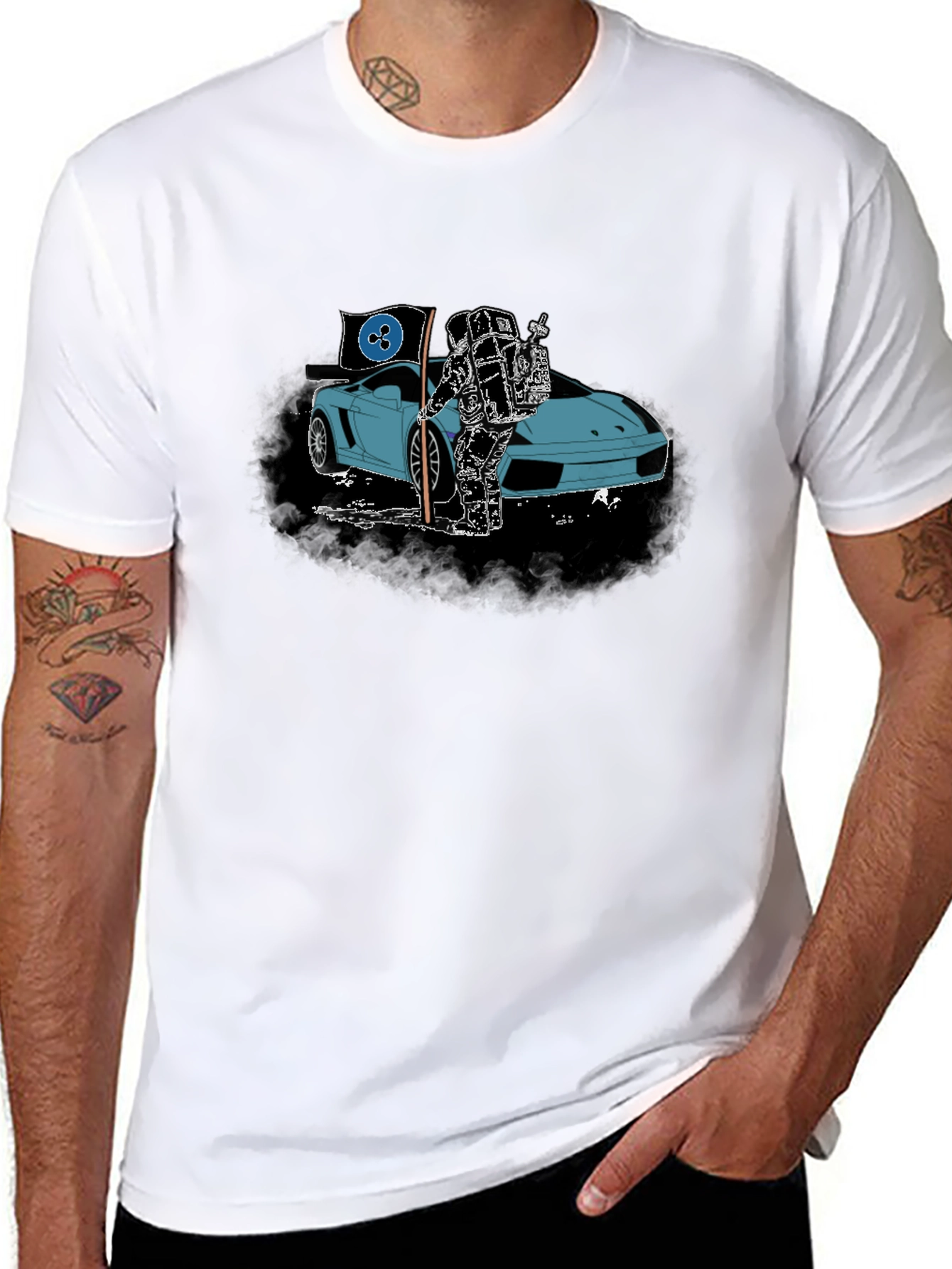 Black Astronaut & Sports Car Graphic T-Shirt view 8