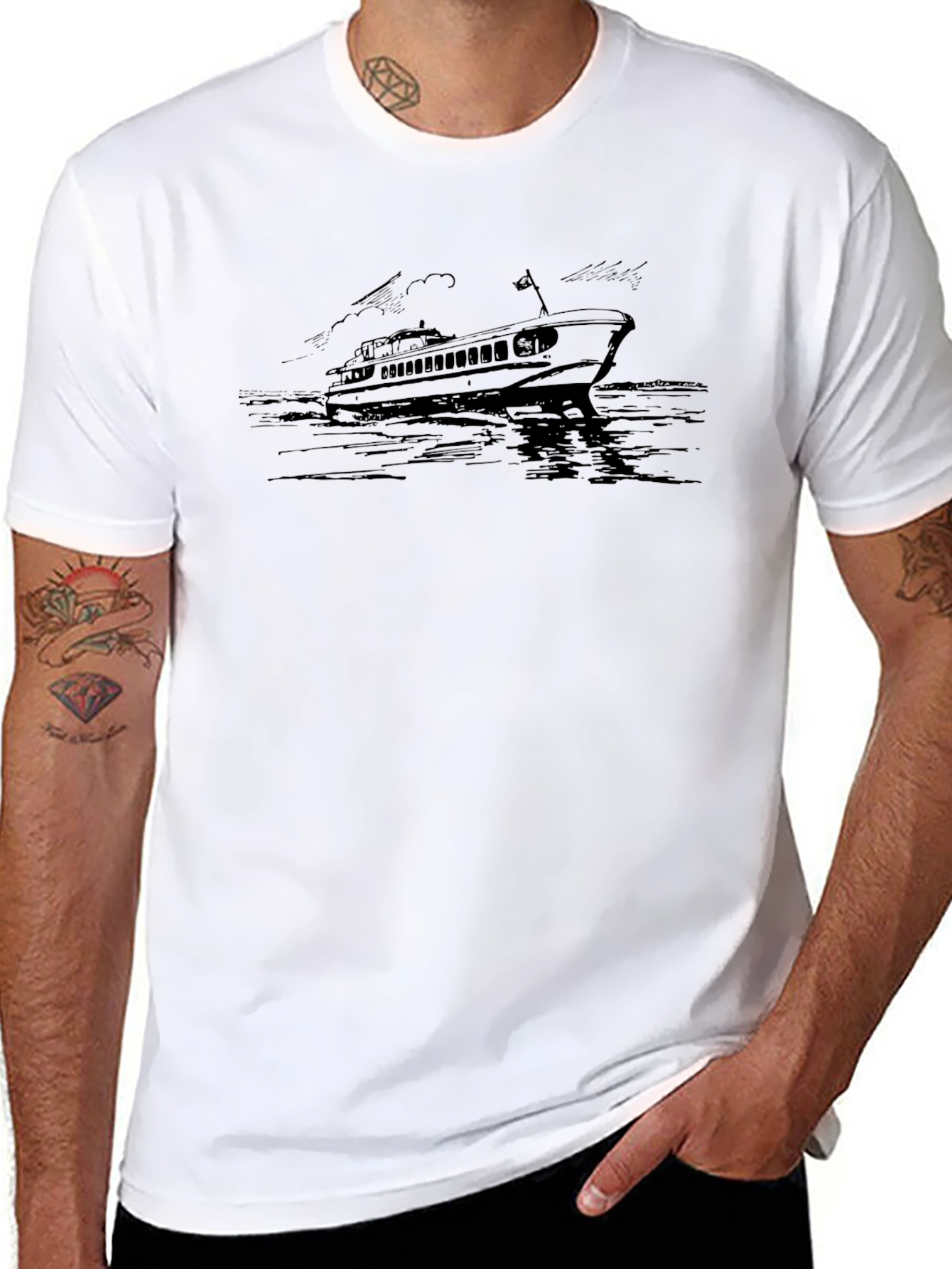 Black Vintage Ferry Boat Graphic Tee - Black Cotton T-Shirt view 8