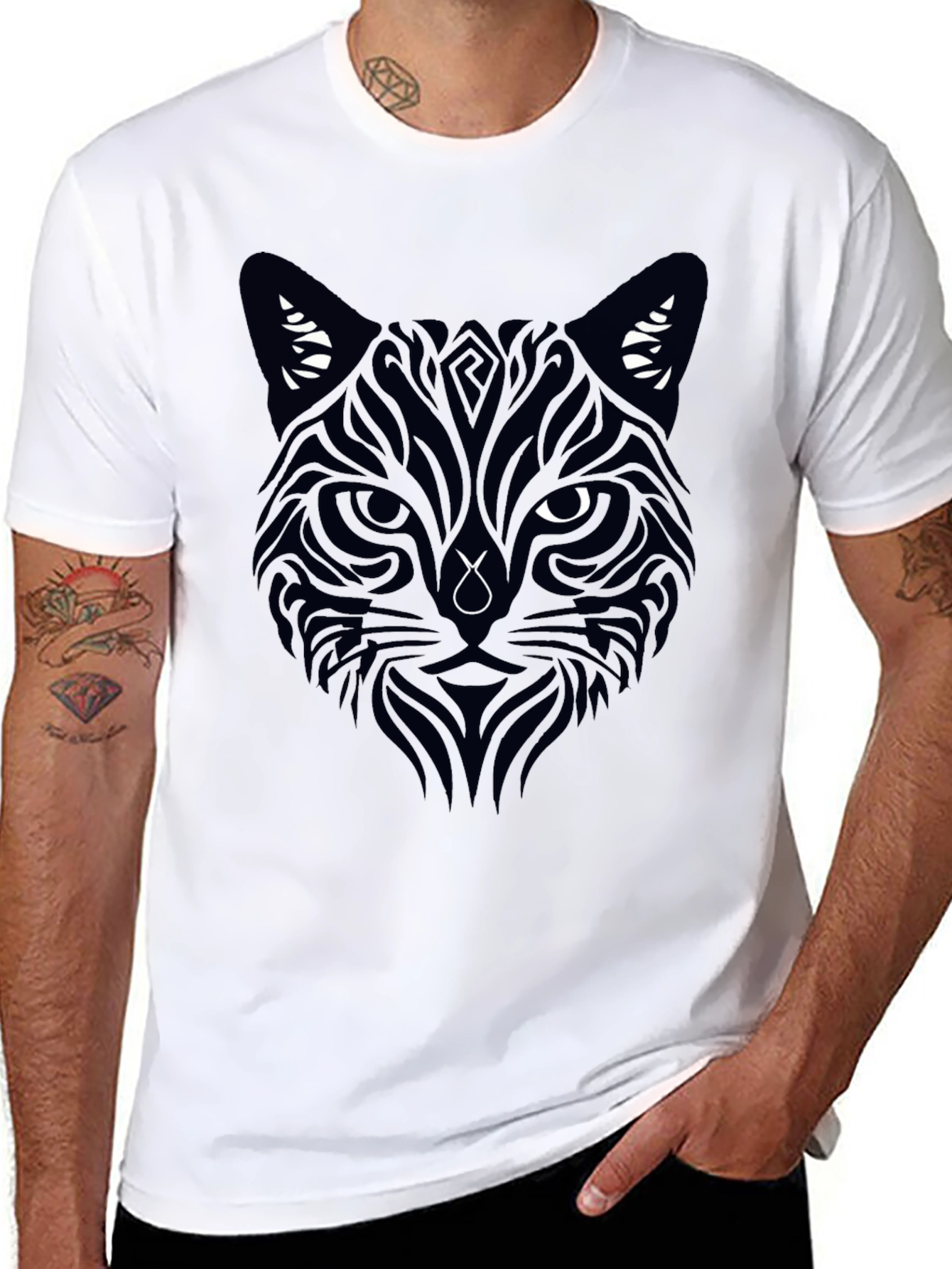 Black Tribal Cat Graphic Tee - Men's Black T-Shirt view 8