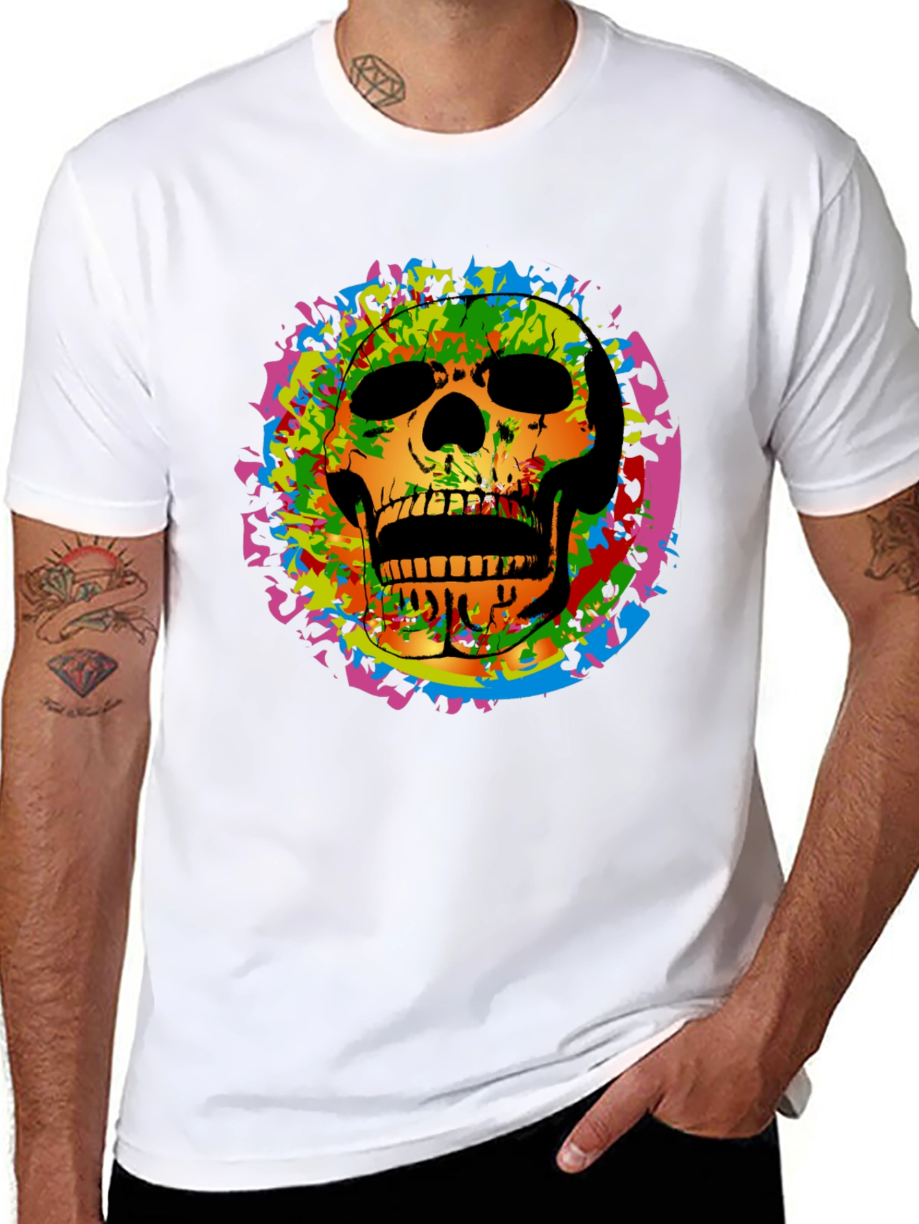 Black Colorful Skull Graphic Tee - Edgy Men's Black T-Shirt view 8
