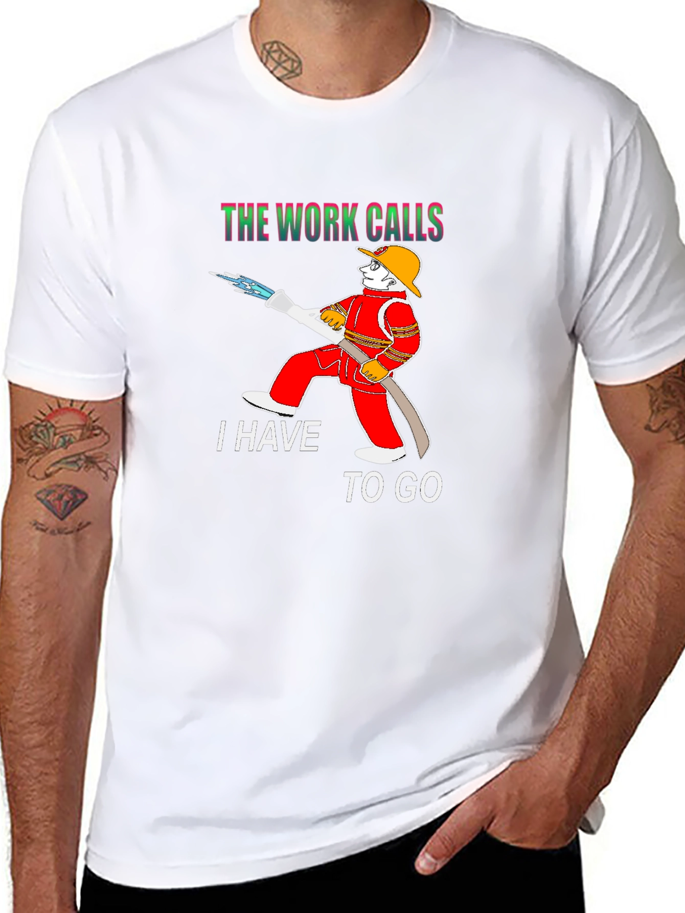 Black Firefighter Cartoon Graphic T-Shirt - Work Calls view 8
