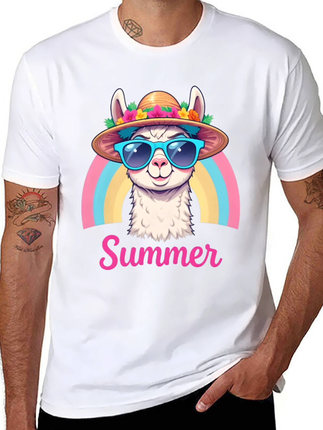 Black Summer Llama T-Shirt Rainbow Hat Sunglasses view 8