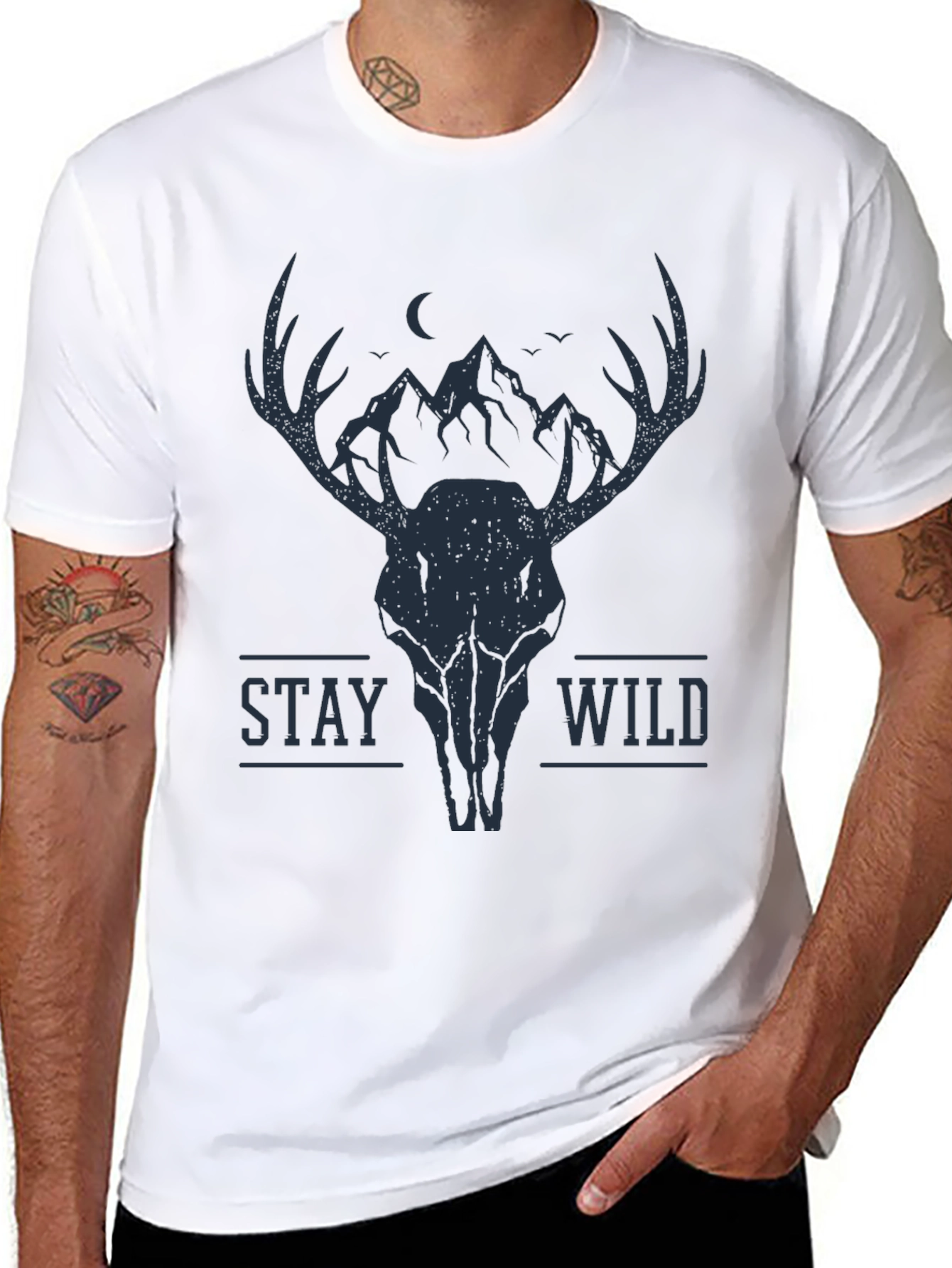 Black Stay Wild Deer Skull Graphic Tee - Black view 8
