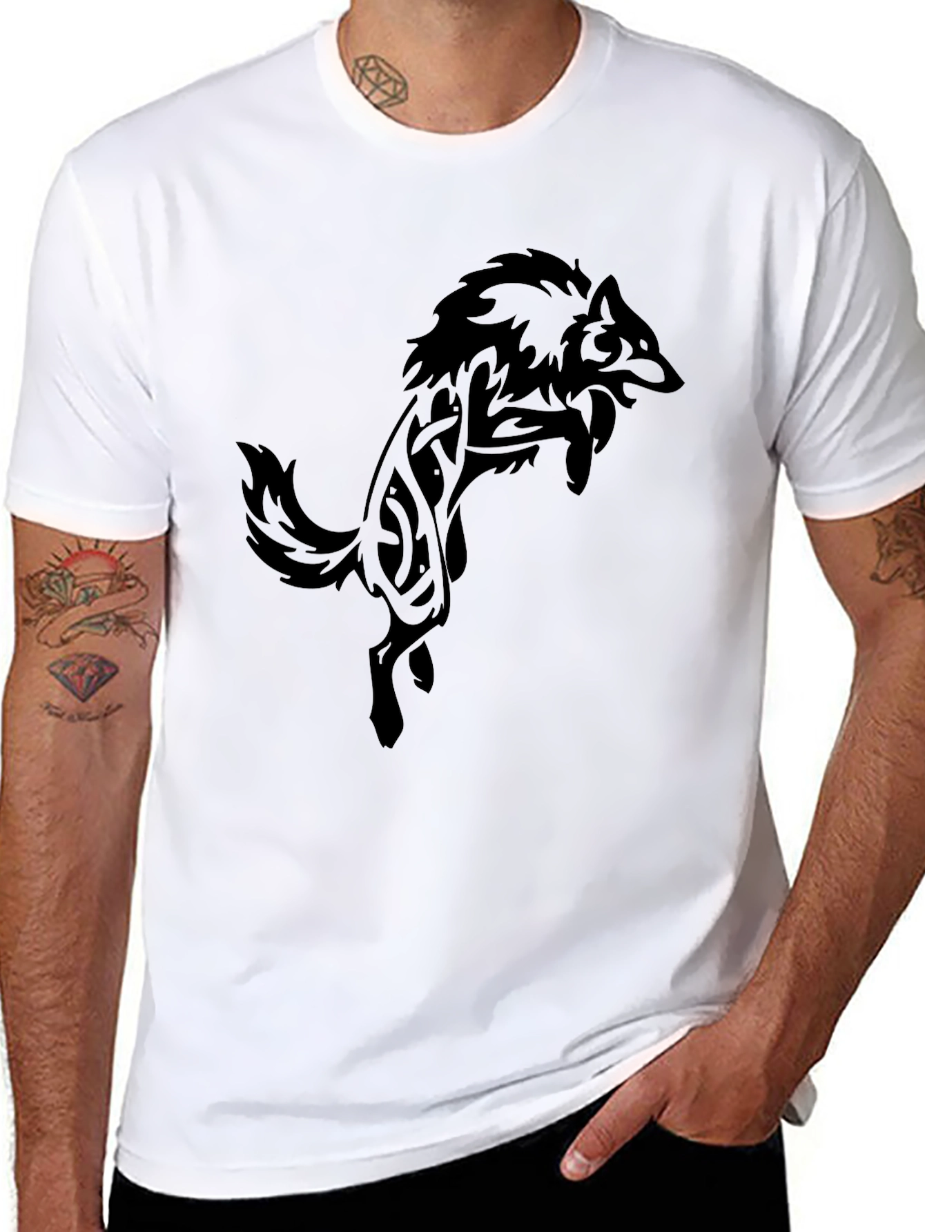 Black Men's Black T-Shirt with Tribal Wolf Design view 8