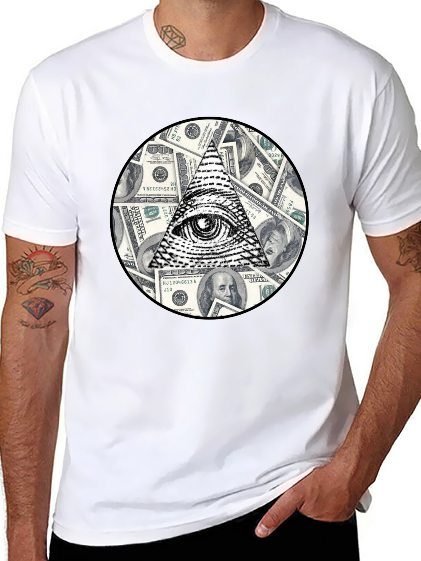 Black Illuminati Eye & Money Print Black T-Shirt view 8