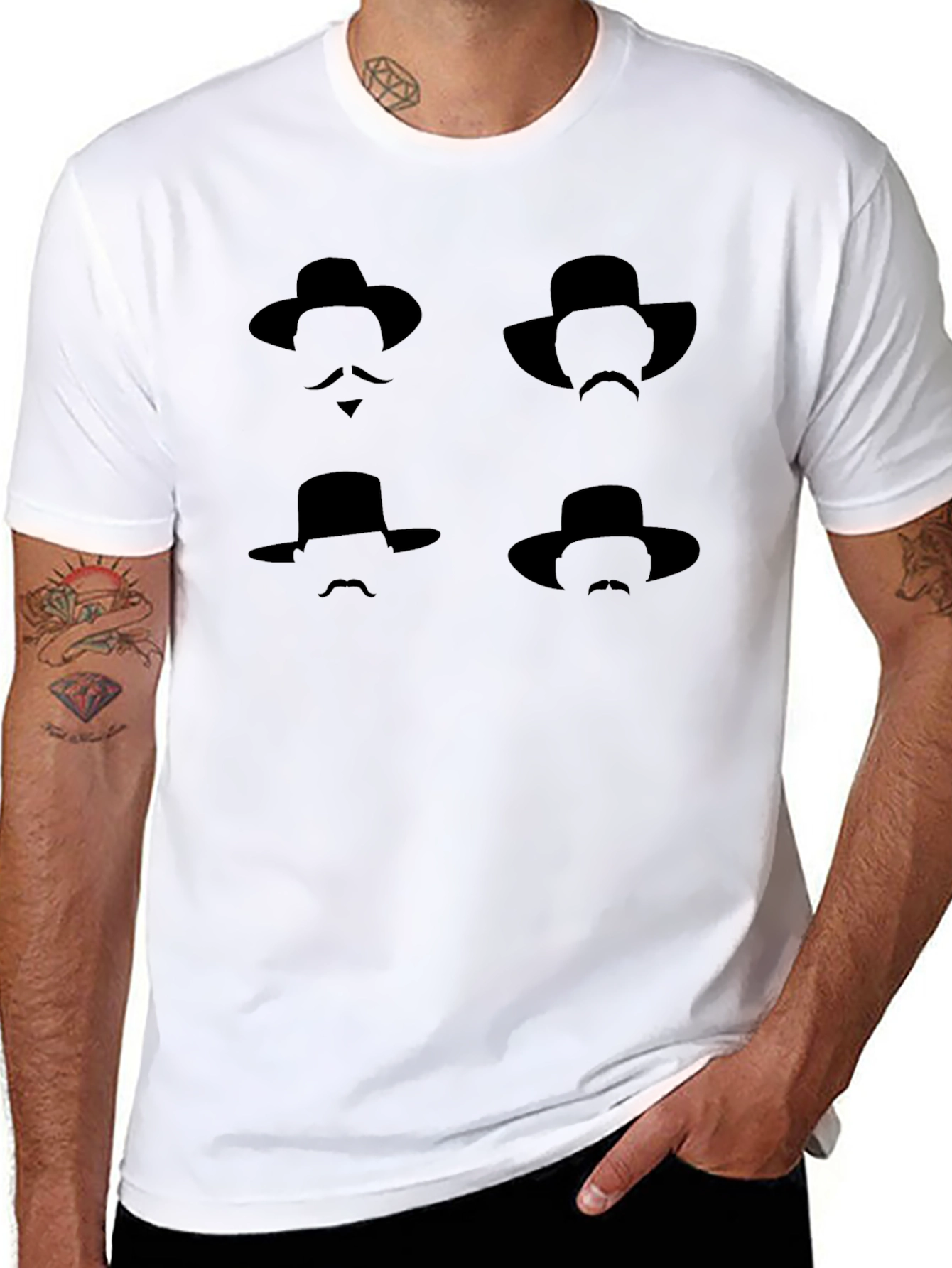 Black Silhouette Hat & Mustache Graphic Tee view 8