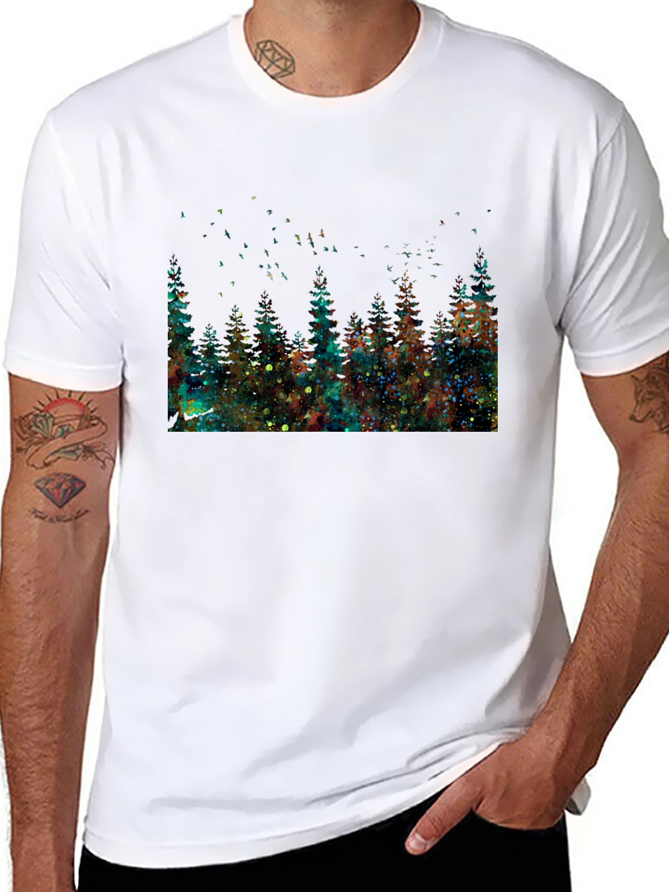Black Watercolor Forest Black T-Shirt view 8