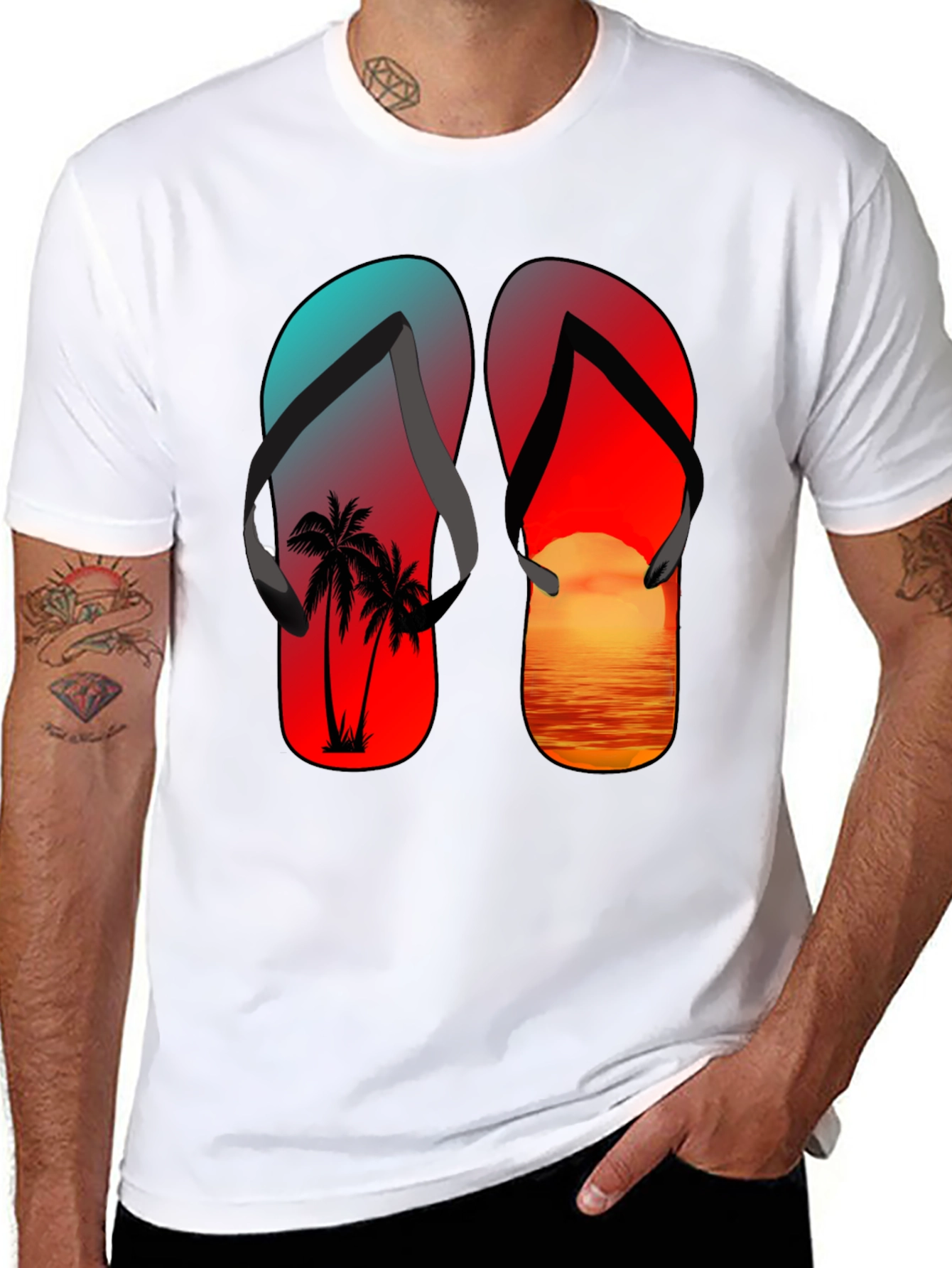 Black Tropical Flip Flop Sunset T-Shirt view 8
