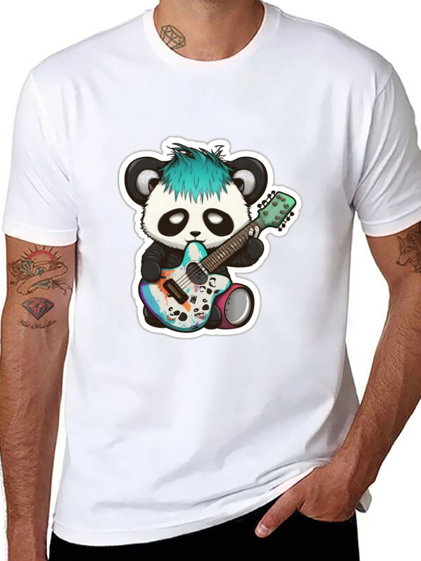 Black Cool Panda Guitarist Black T-Shirt view 8