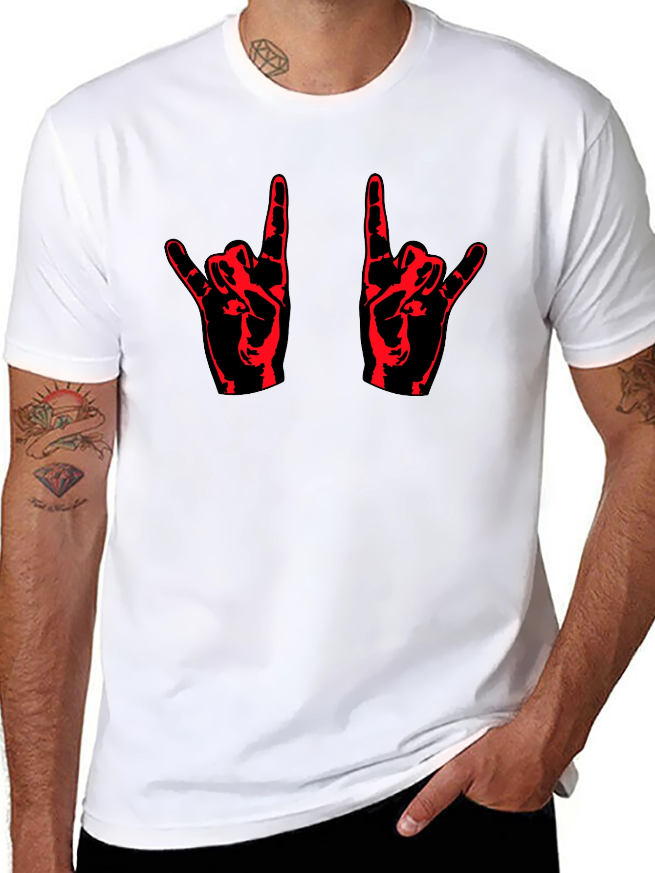 Black Rock On! Black T-Shirt with Red Hand Design view 8