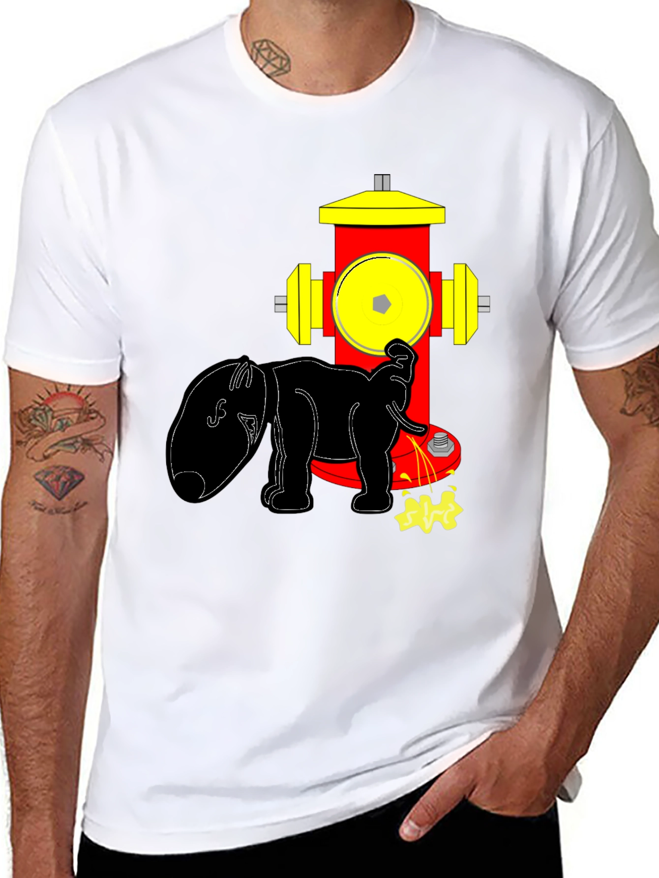 Black Funny Elephant Peeing on Fire Hydrant Black T-Shirt view 8
