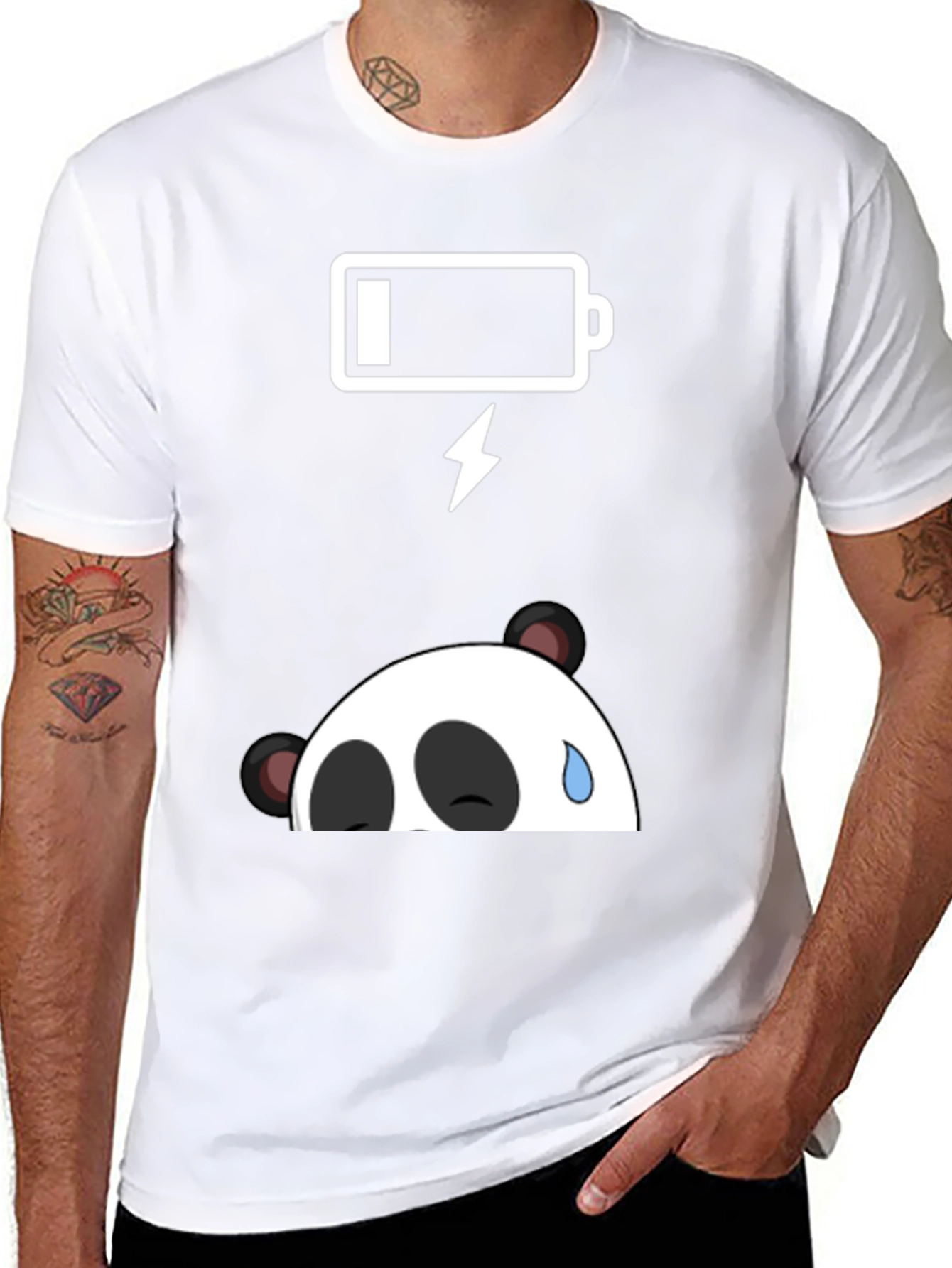 Black Funny Panda Low Battery Graphic Tee - Black Cotton T-Shirt view 8