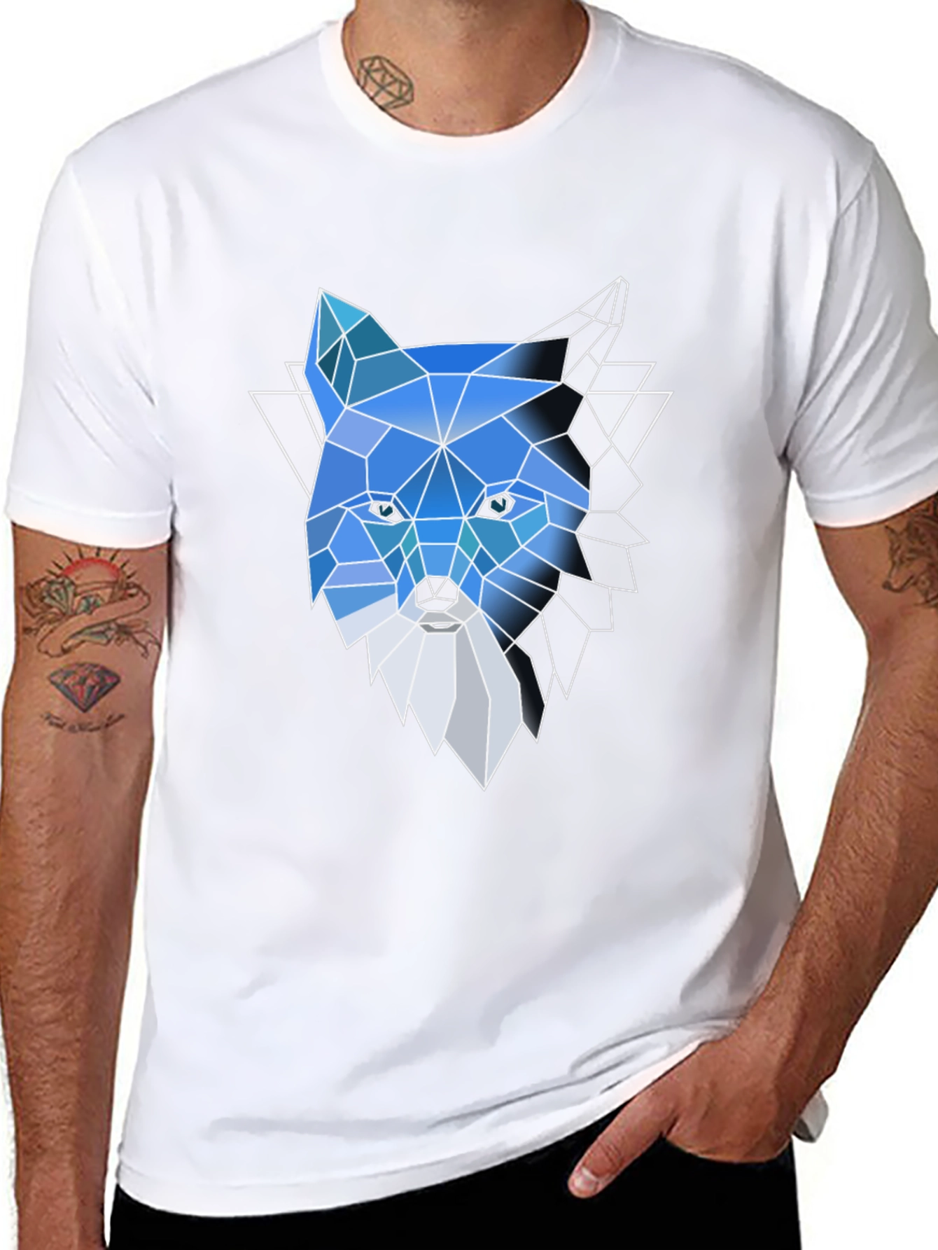 Black Geometric Fox Graphic Tee - Modern Crew Neck T-Shirt view 8