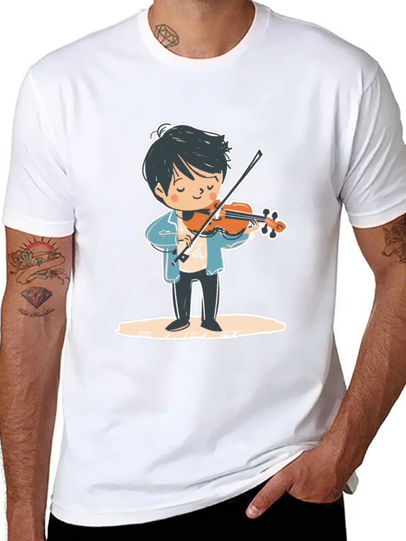 Black Violinist Cartoon Graphic Tee - Unisex Black T-Shirt view 8