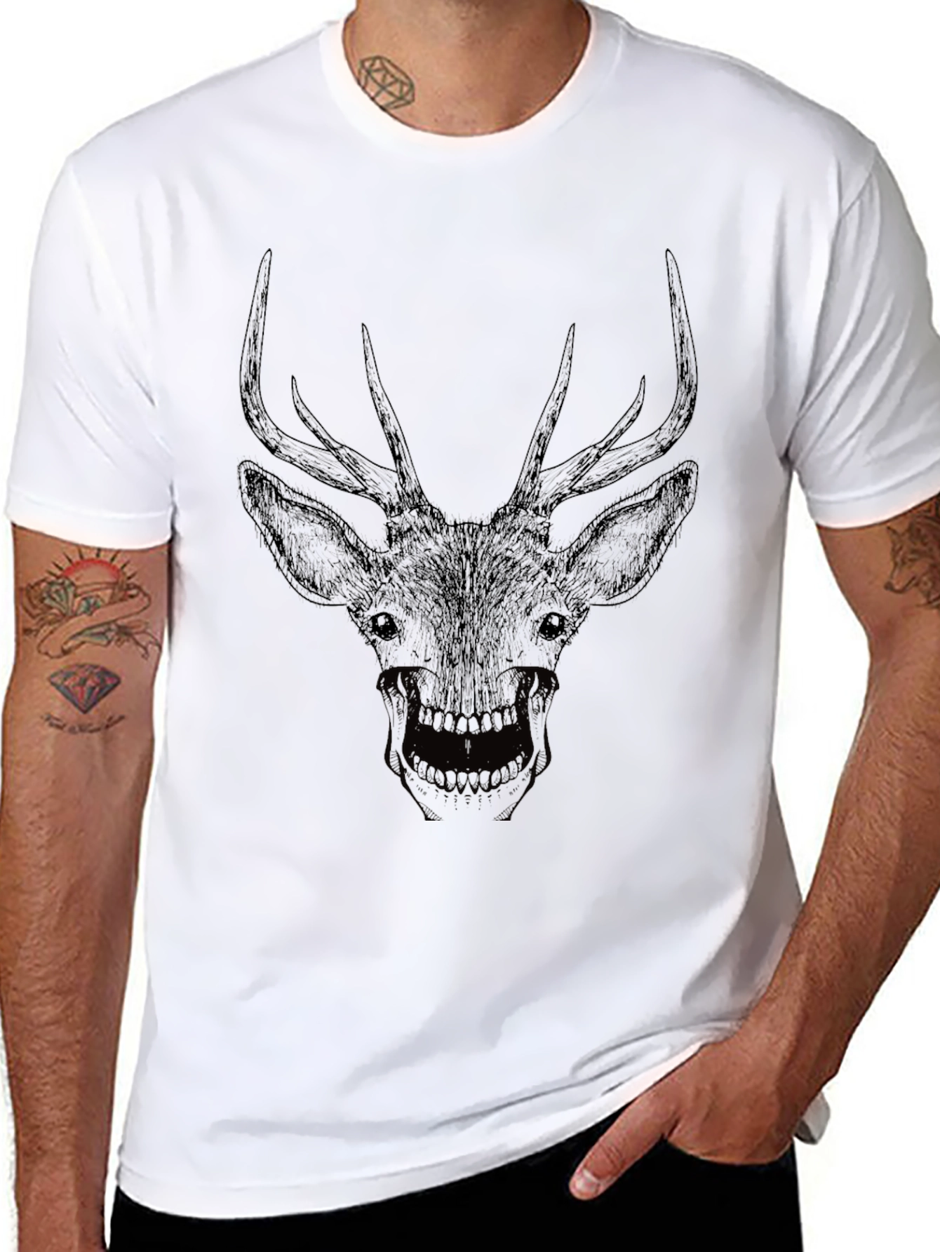 Black Men's Black Deer Skull Graphic Tee view 8