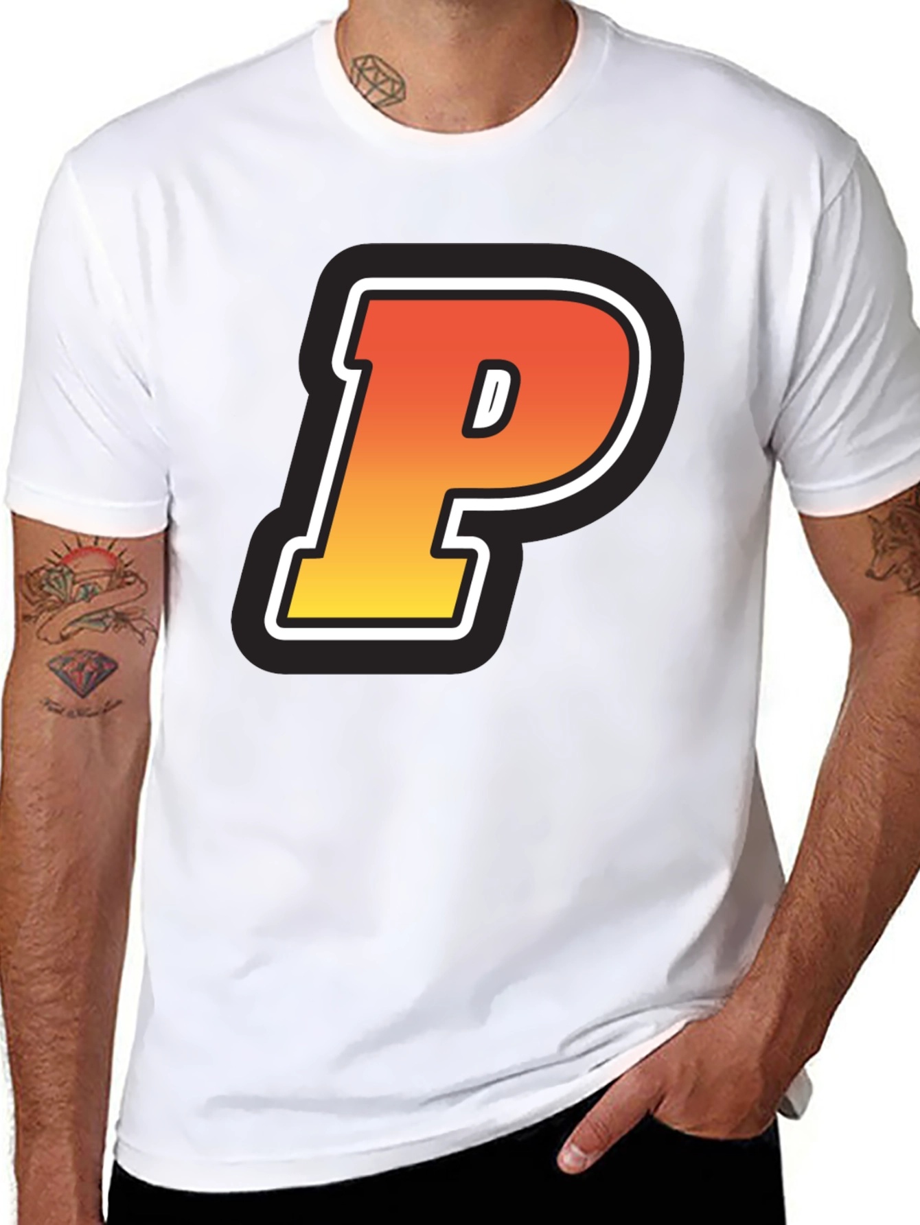 Black Retro P Letter T-Shirt - Black Cotton Tee view 8