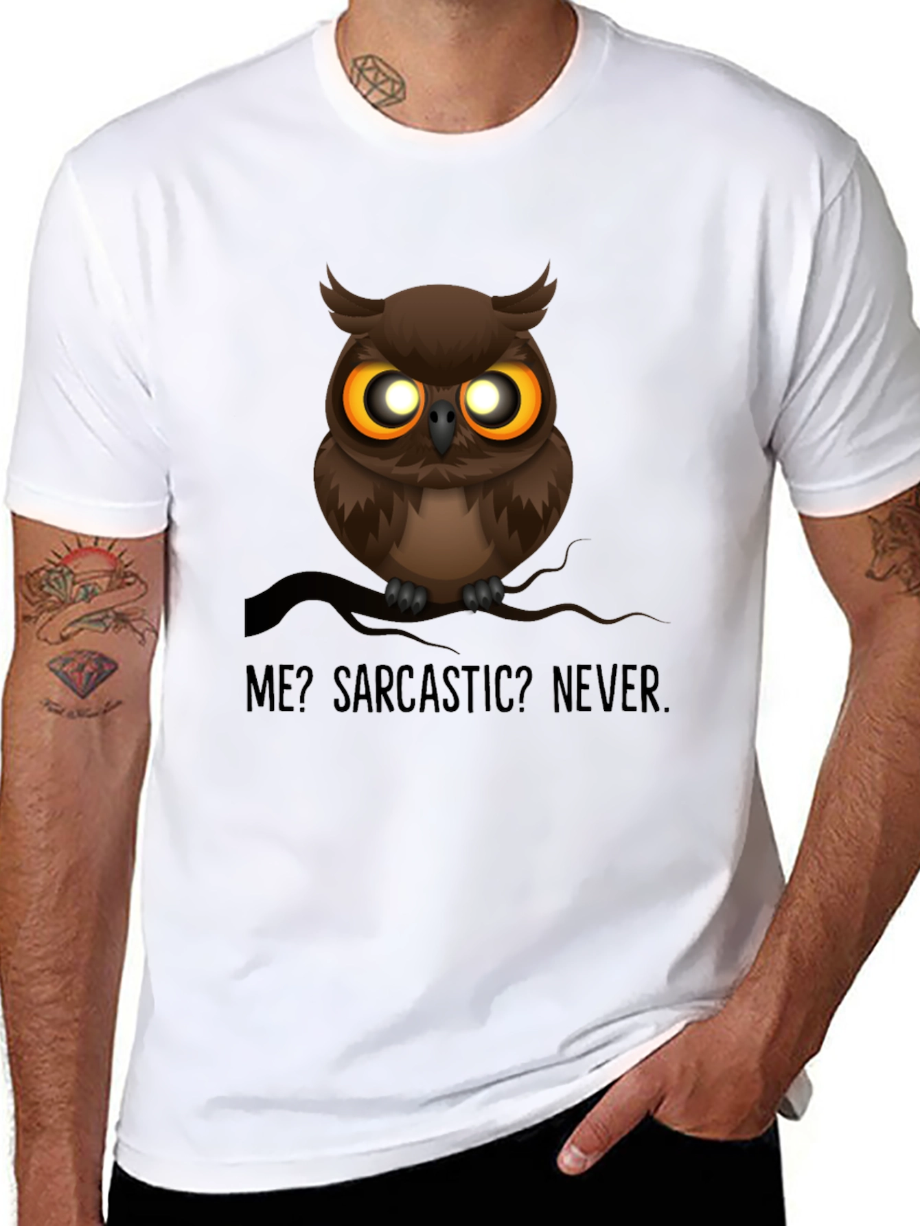 Black Sarcastic Owl Graphic T-Shirt - Men's Black Crew Neck view 8